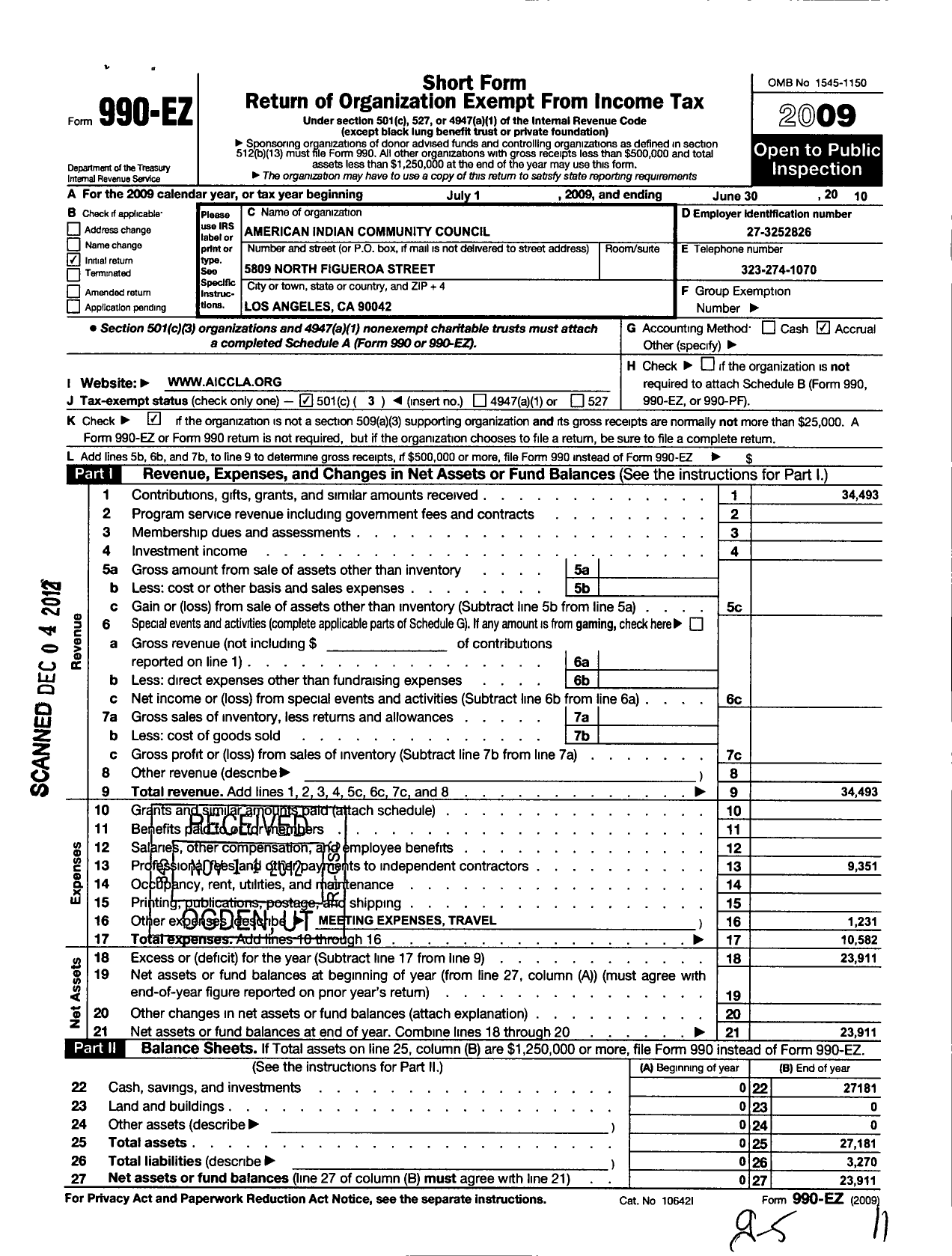 Image of first page of 2009 Form 990EZ for American Indian Community Council