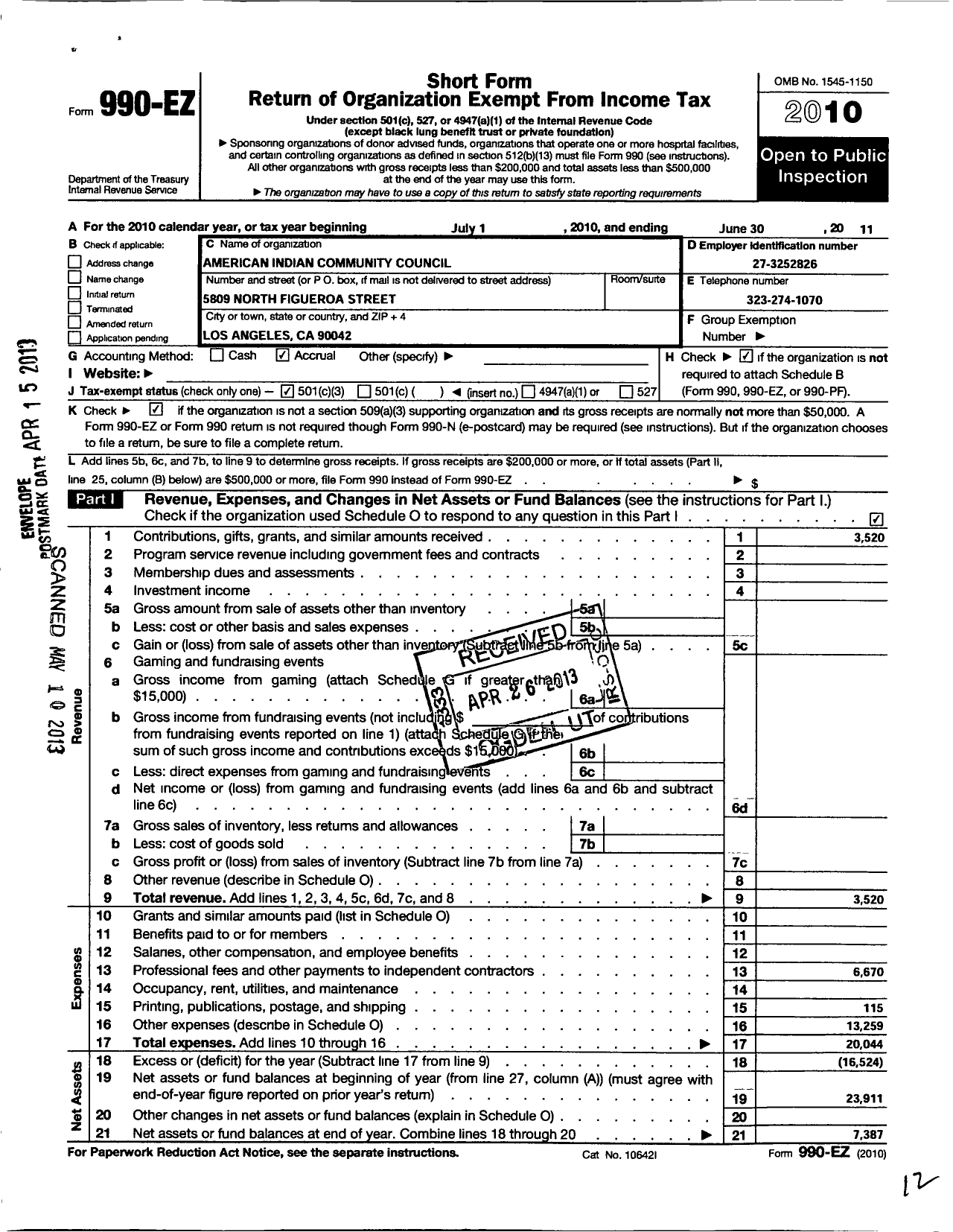 Image of first page of 2010 Form 990EZ for American Indian Community Council