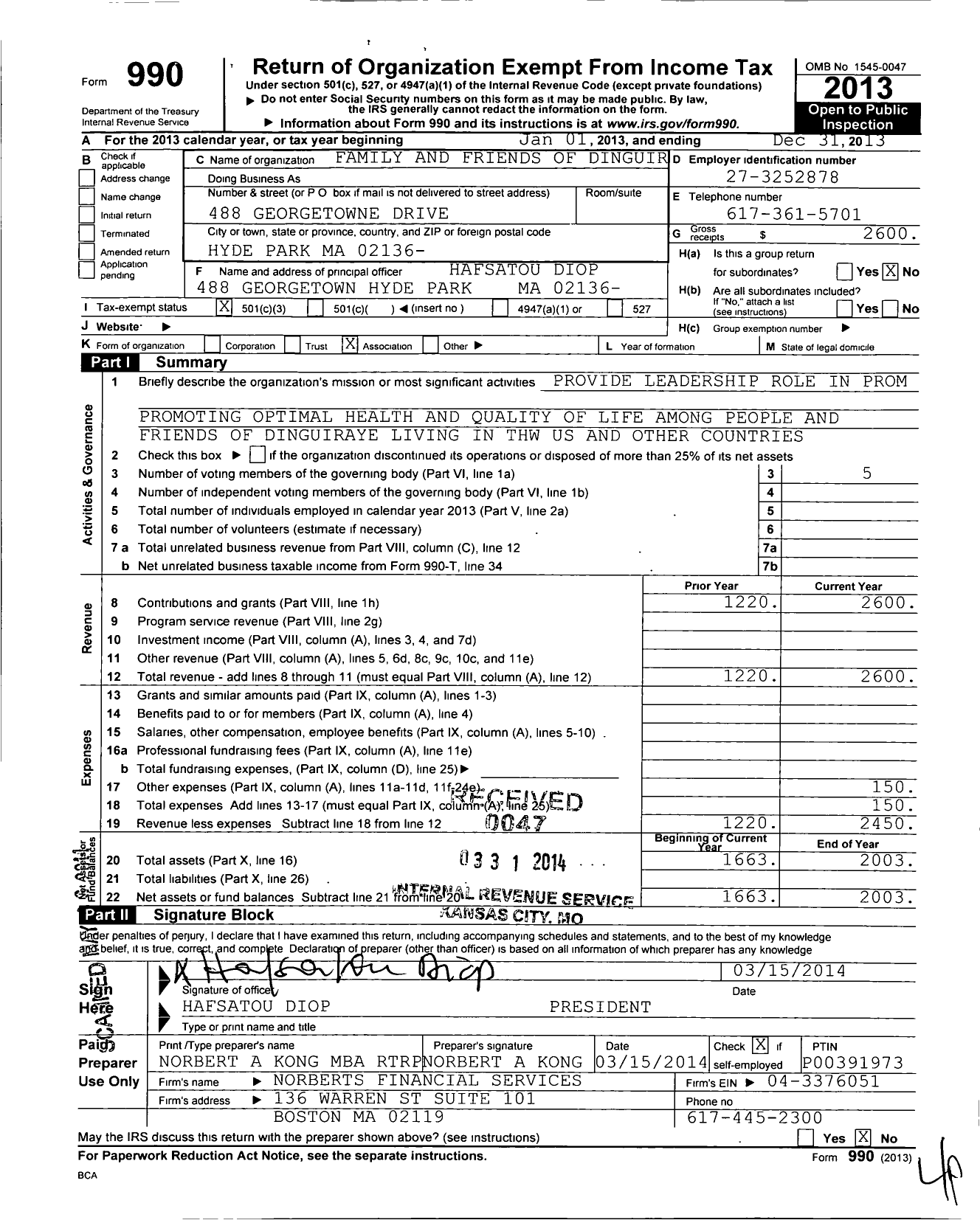 Image of first page of 2013 Form 990 for Family and Friends of Dinguiraye FFD