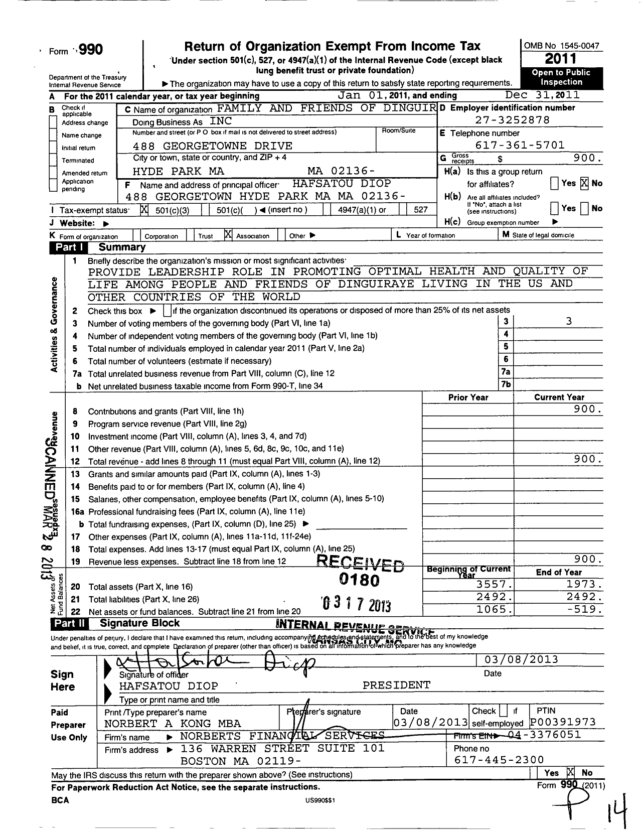 Image of first page of 2011 Form 990 for Family and Friends of Dinguiraye FFD