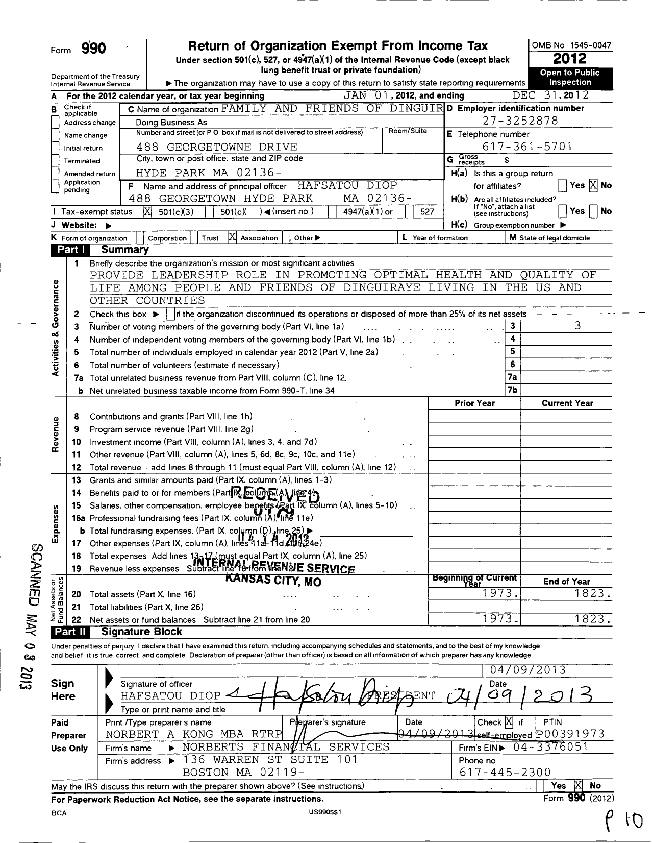 Image of first page of 2012 Form 990 for Family and Friends of Dinguiraye FFD