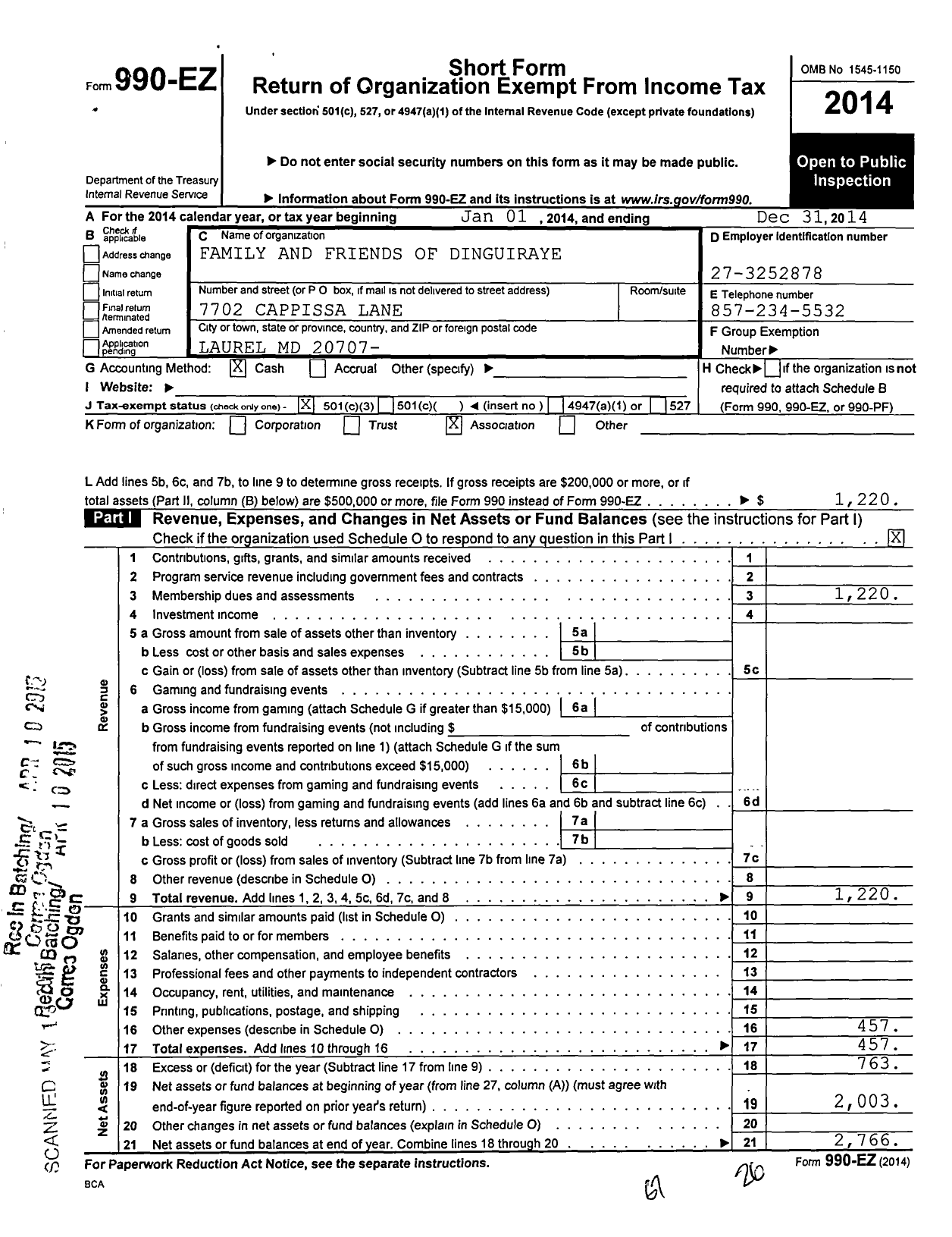 Image of first page of 2014 Form 990EZ for Family and Friends of Dinguiraye FFD