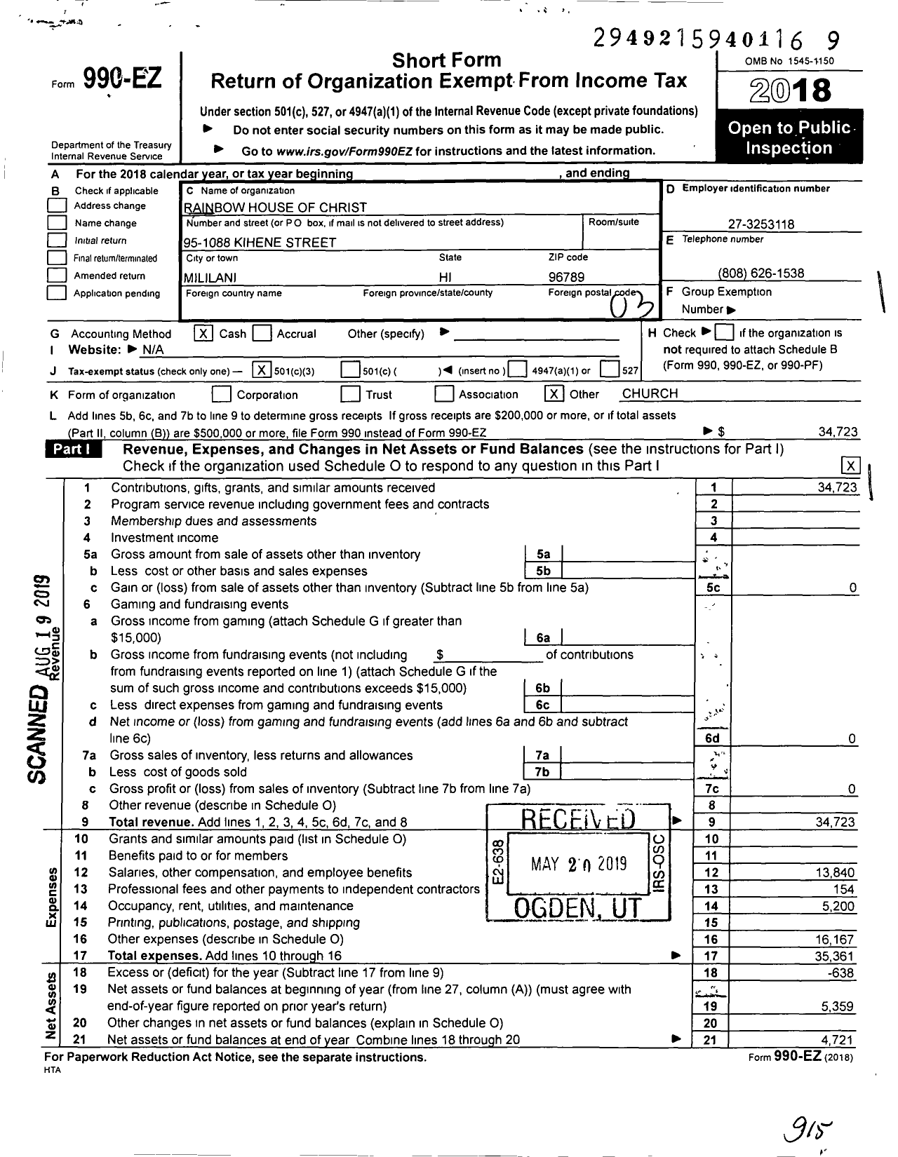 Image of first page of 2018 Form 990EZ for Rainbow House of Christ