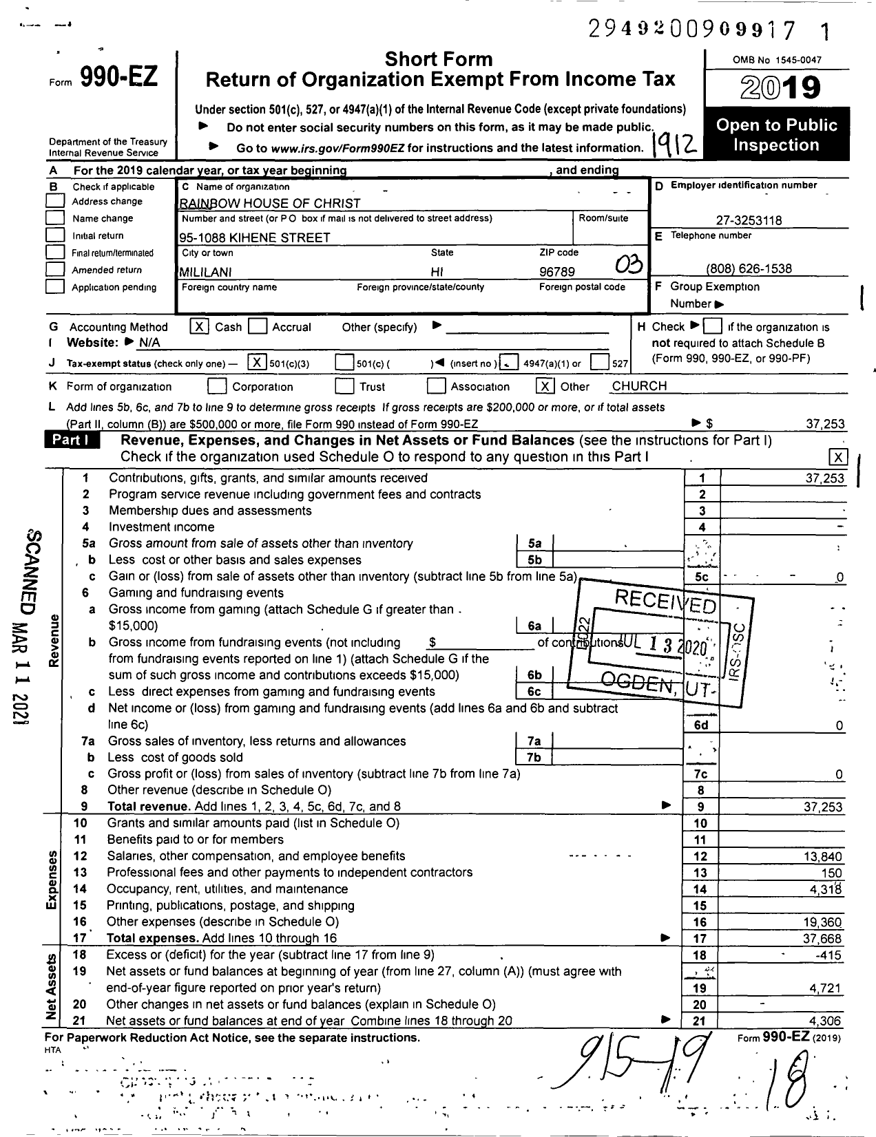 Image of first page of 2019 Form 990EZ for Rainbow House of Christ