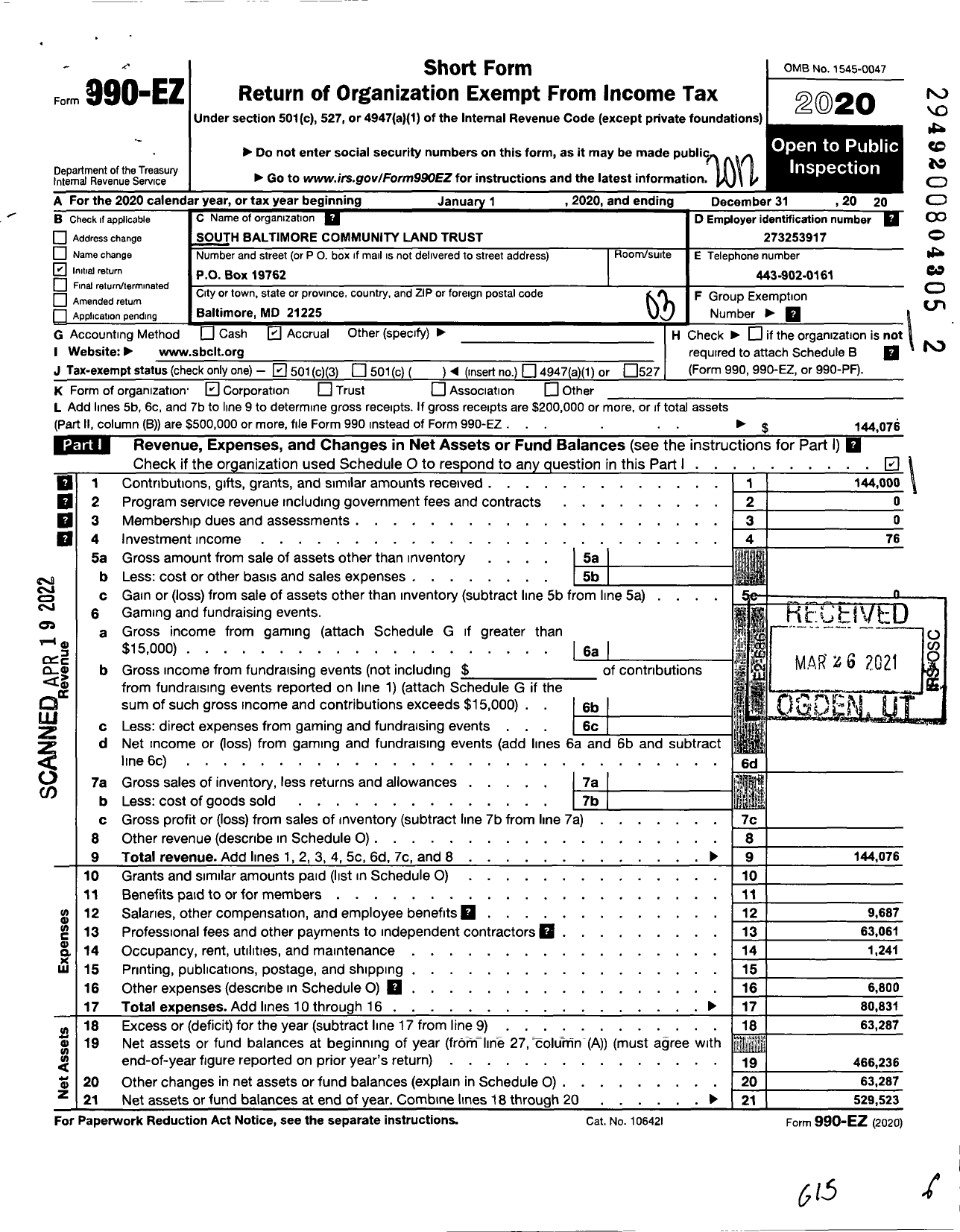 Image of first page of 2020 Form 990EZ for South Baltimore Community Land Trust