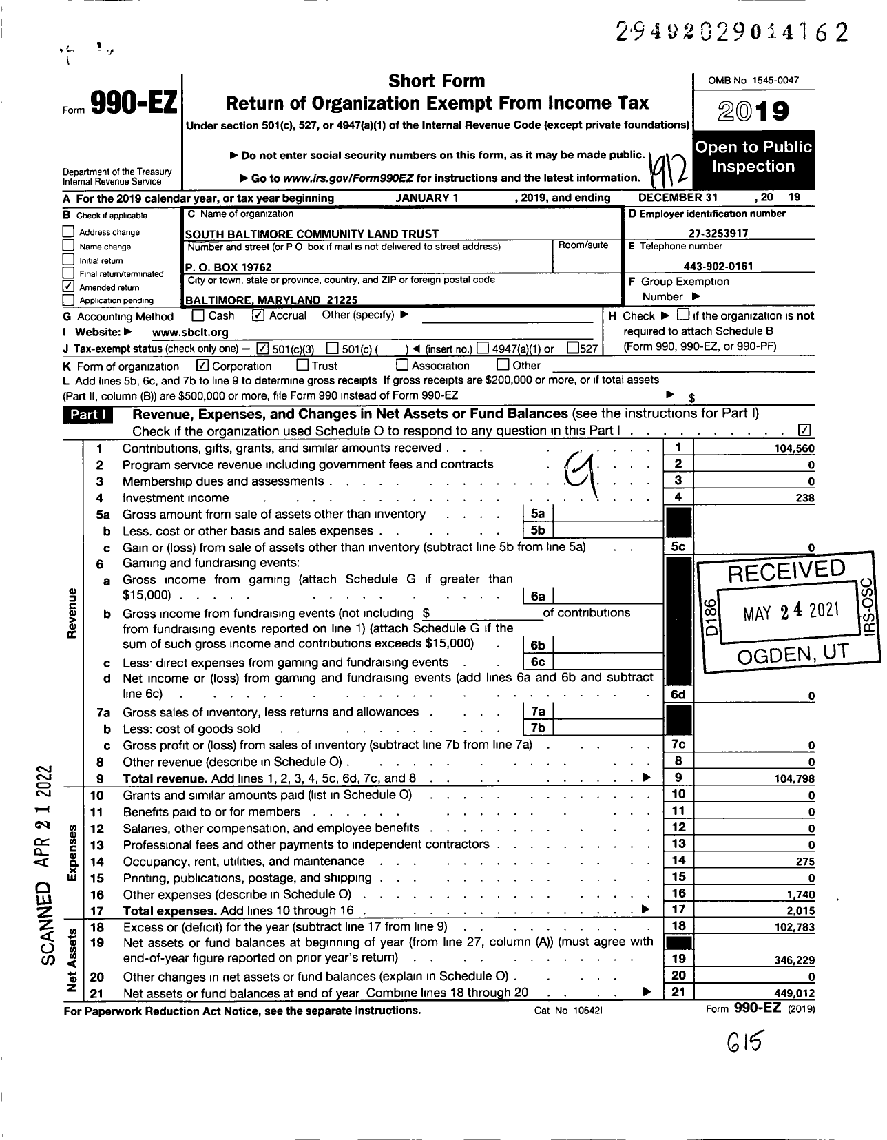 Image of first page of 2019 Form 990EZ for South Baltimore Community Land Trust