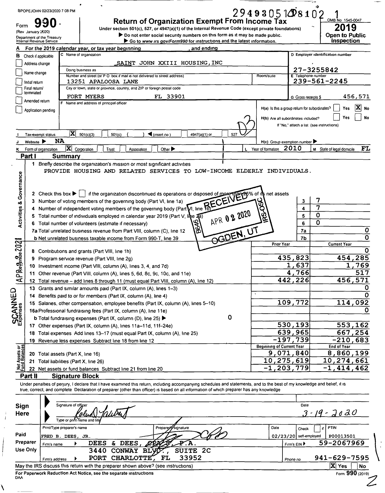 Image of first page of 2019 Form 990 for Saint John Xxiii Housing