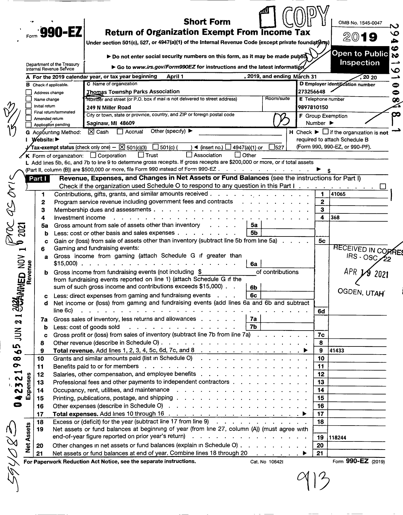 Image of first page of 2019 Form 990EZ for Thomas Township Parks Association