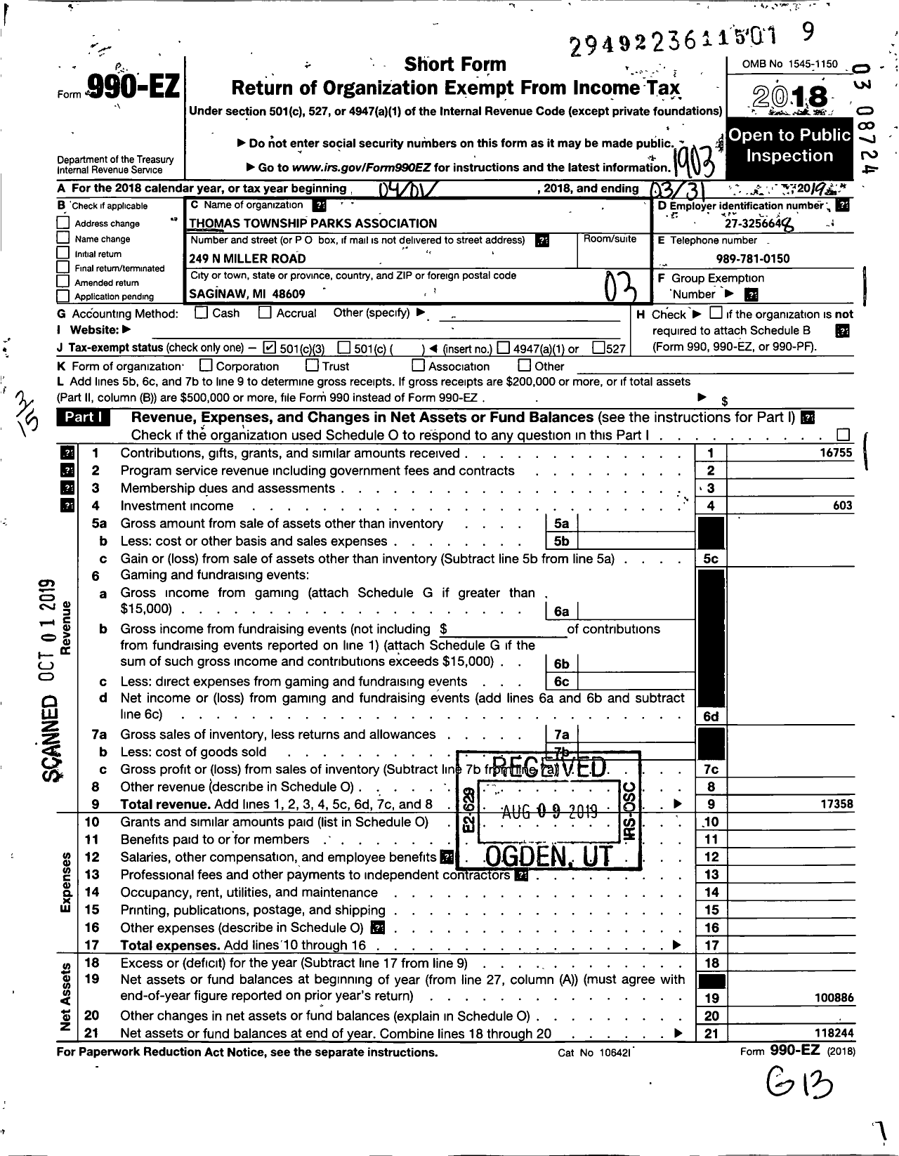 Image of first page of 2018 Form 990EZ for Thomas Township Parks Association