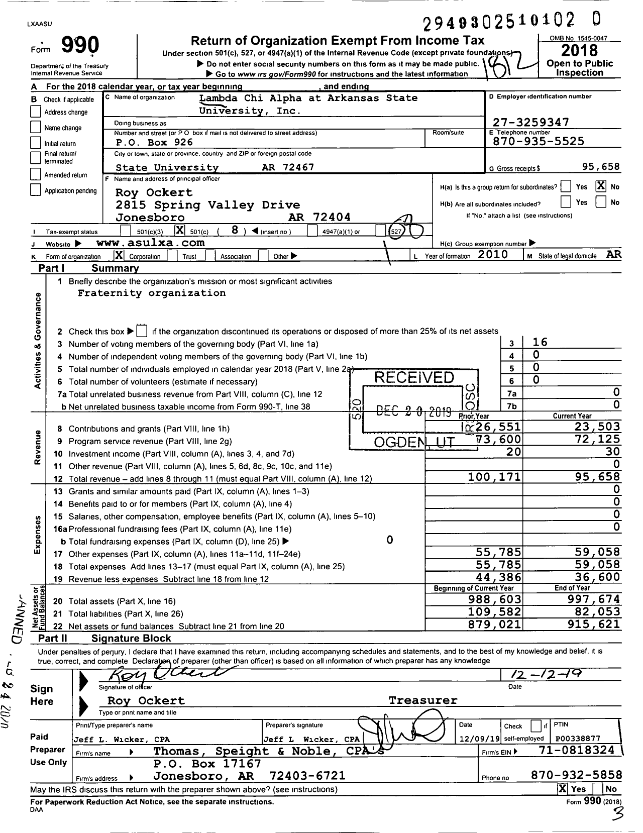 Image of first page of 2018 Form 990O for Lambda Chi Alpha at Arkansas State University