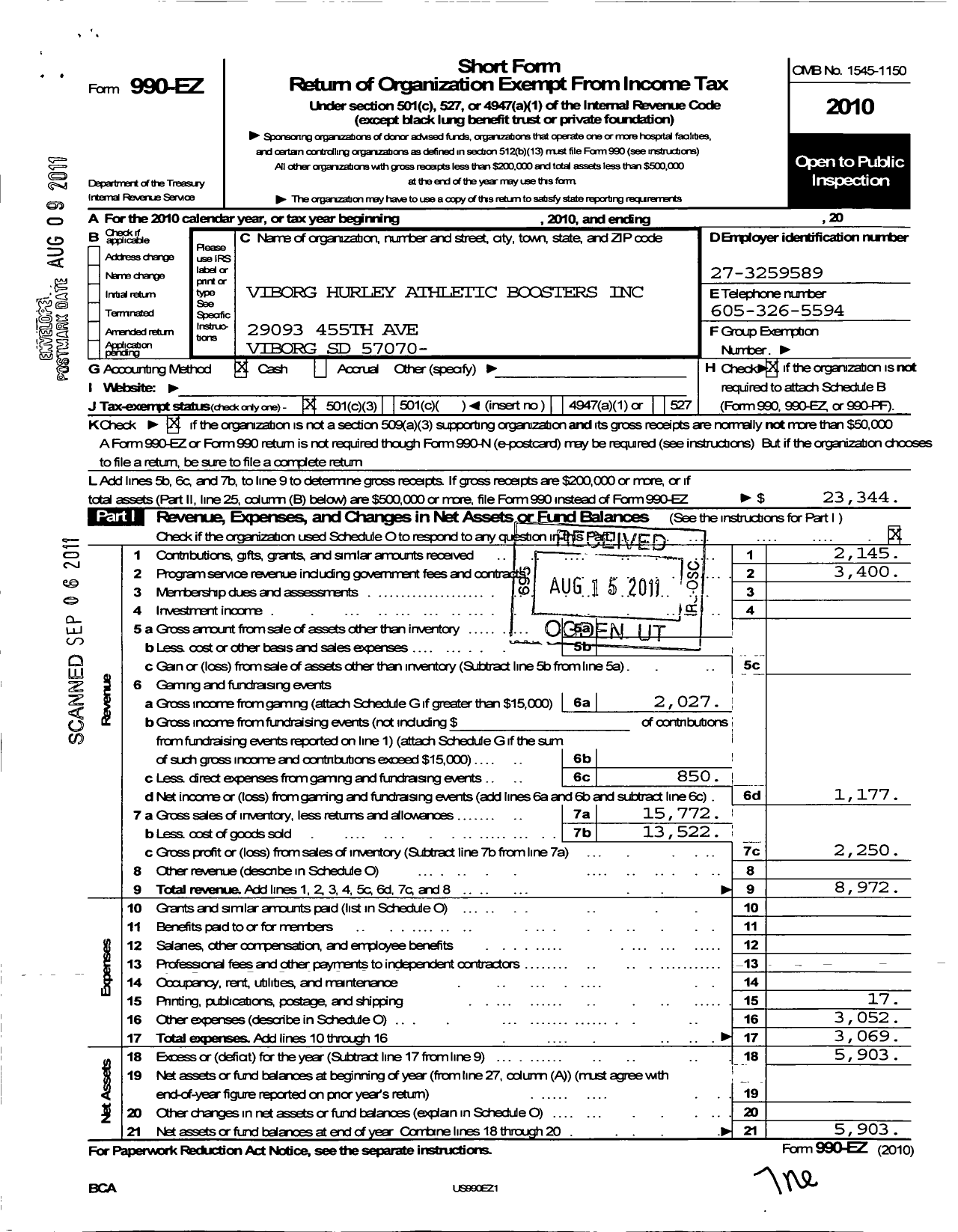 Image of first page of 2010 Form 990EZ for Viborg Hurley Athletic Boosters