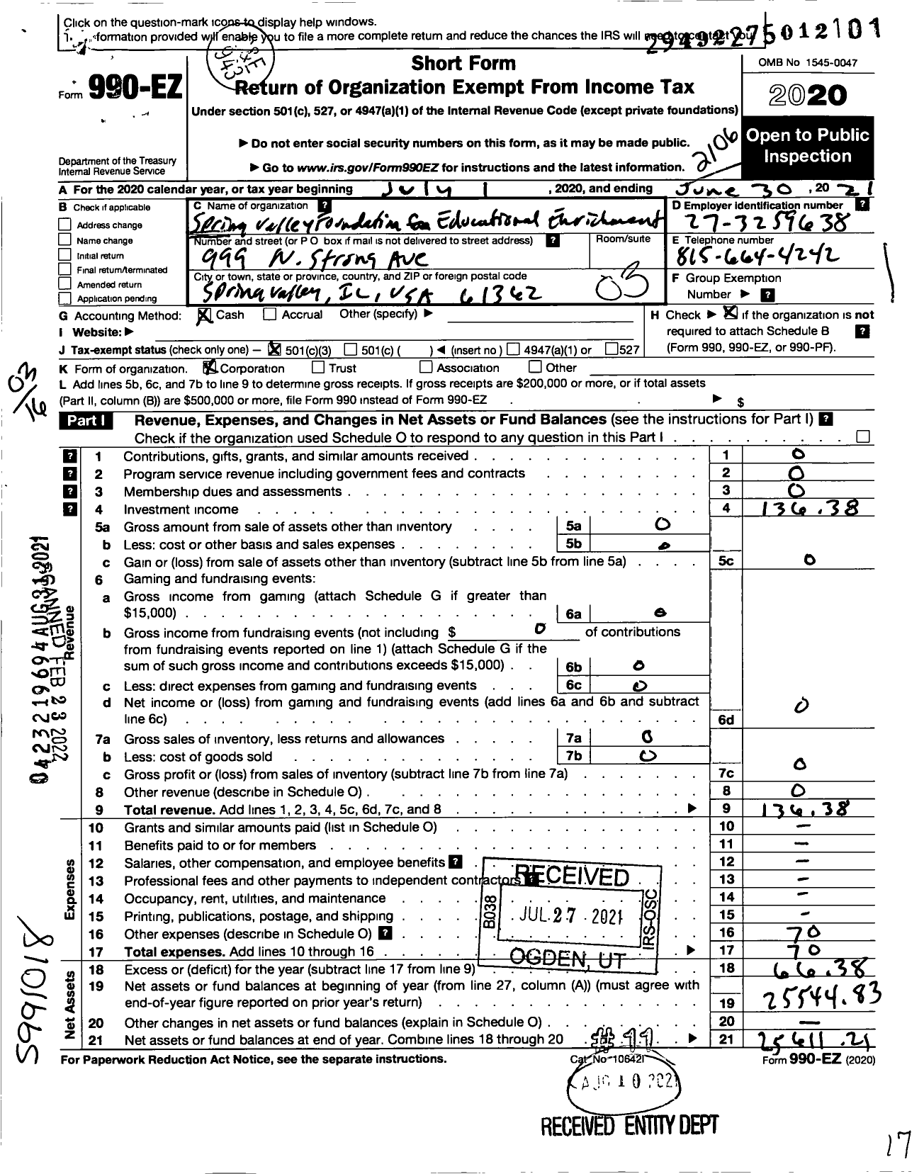 Image of first page of 2020 Form 990EZ for Spring Valley Foundation for Educational Enrichment