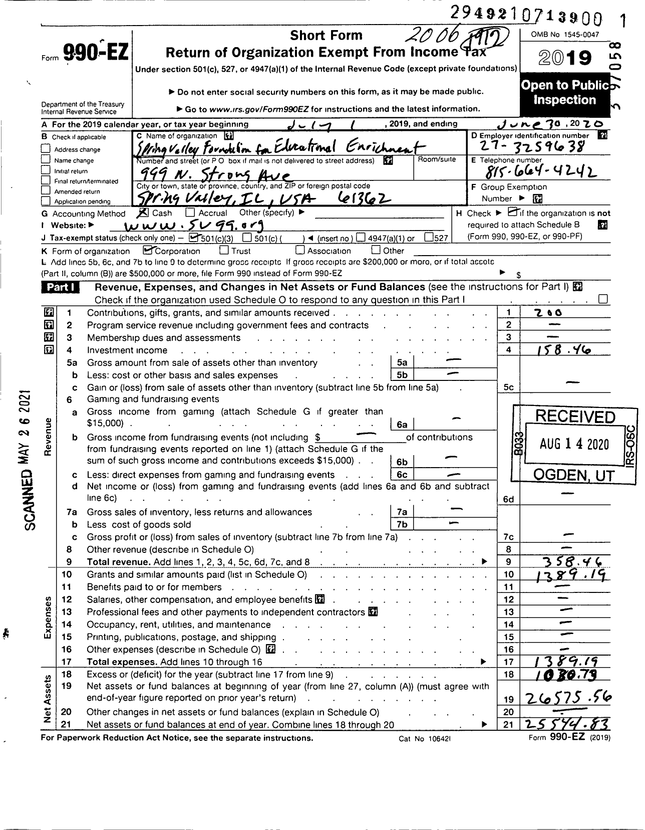 Image of first page of 2019 Form 990EZ for Spring Valley Foundation for Educational Enrichment