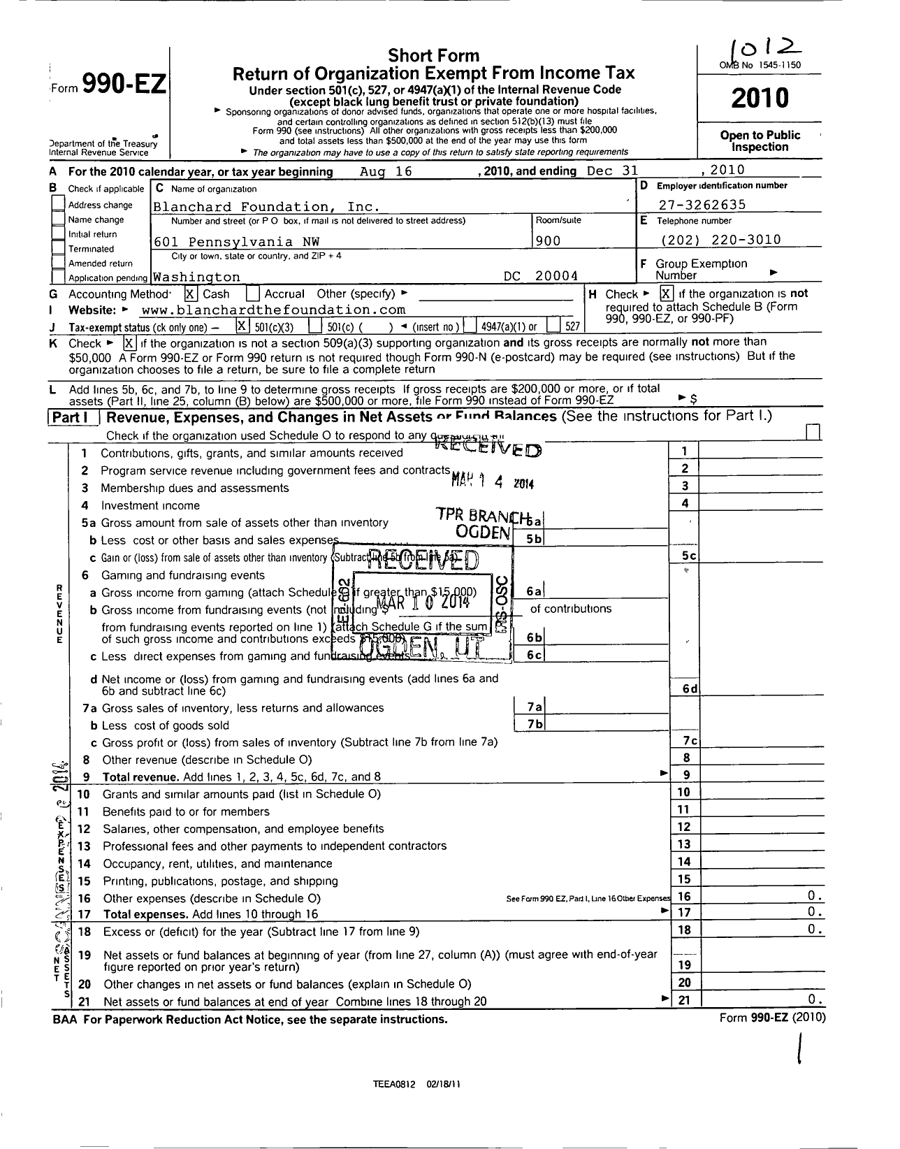 Image of first page of 2010 Form 990EZ for Blanchard Foundation