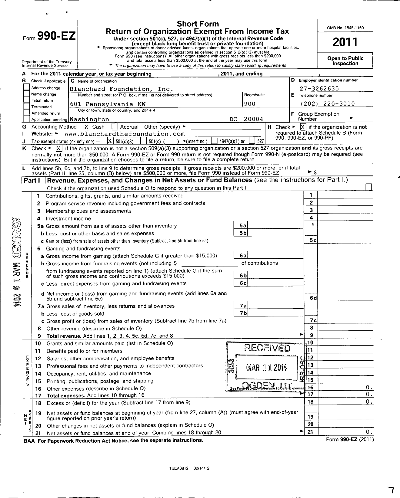 Image of first page of 2011 Form 990EZ for Blanchard Foundation