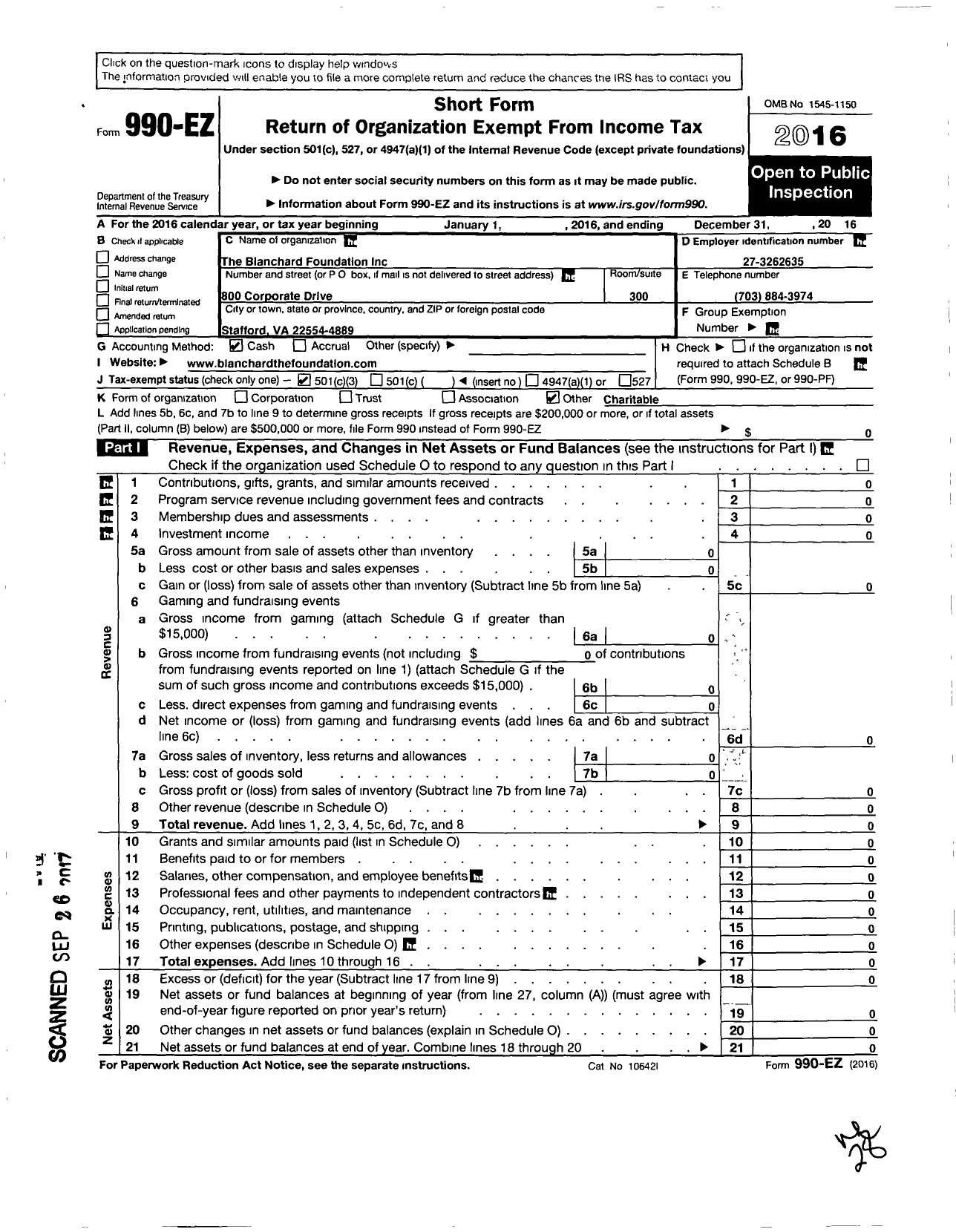 Image of first page of 2016 Form 990EZ for Blanchard Foundation