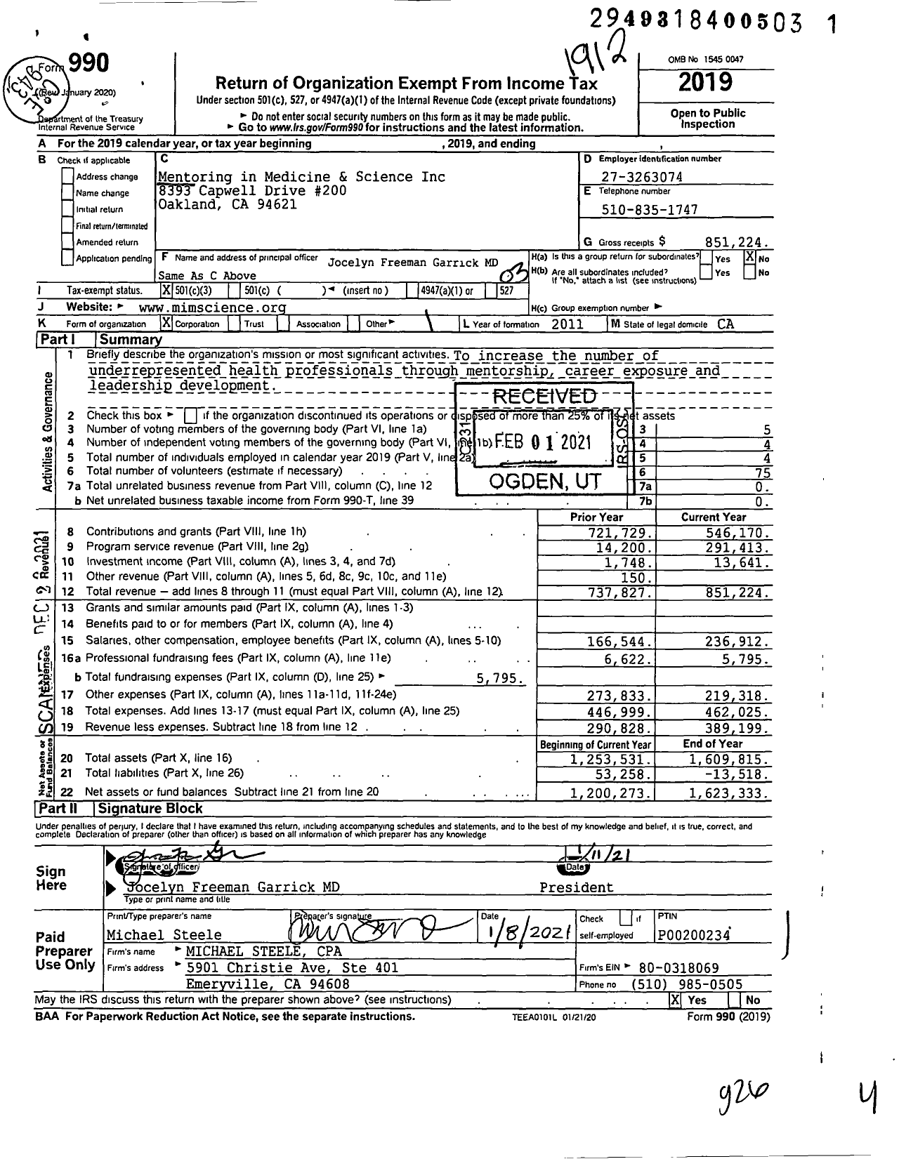 Image of first page of 2019 Form 990 for Mentoring in Medicine and Science