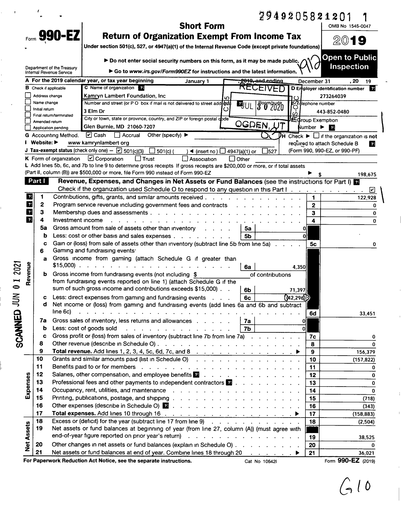 Image of first page of 2019 Form 990EZ for Kamryn Lambert Foundation