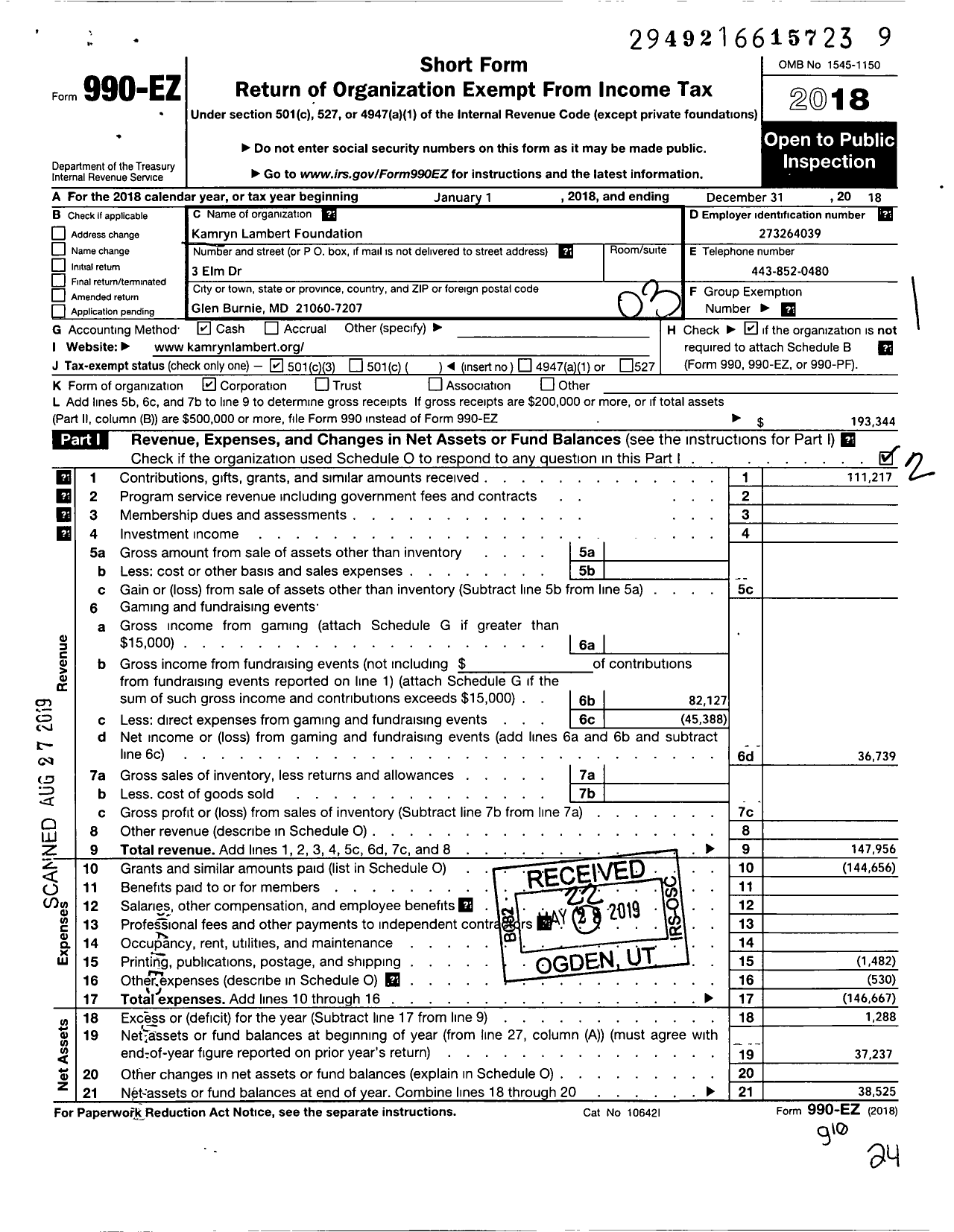 Image of first page of 2018 Form 990EZ for Kamryn Lambert Foundation