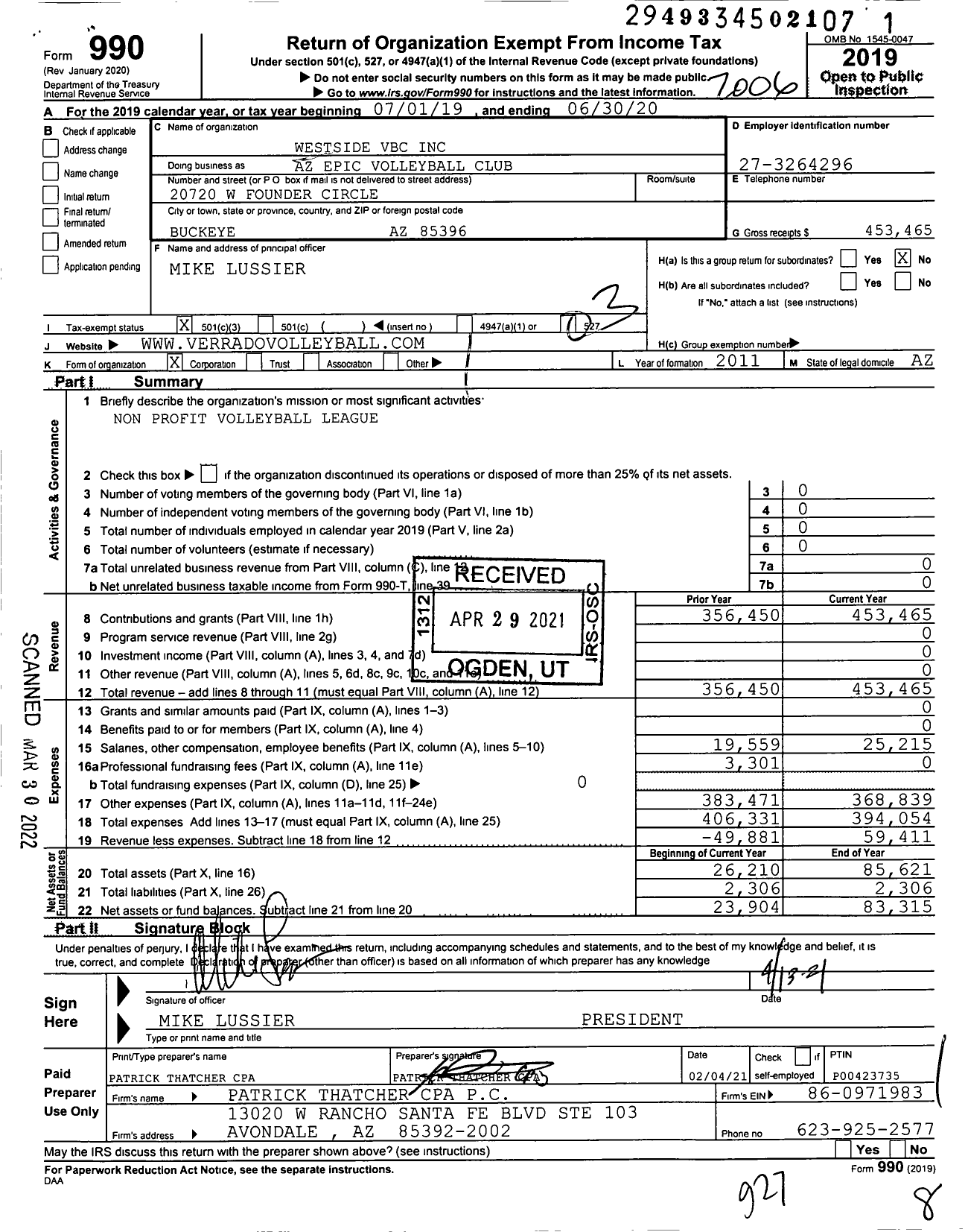 Image of first page of 2019 Form 990 for AZ Epic Volleyball Club