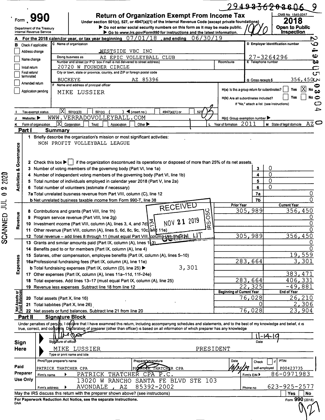 Image of first page of 2018 Form 990 for AZ Epic Volleyball Club