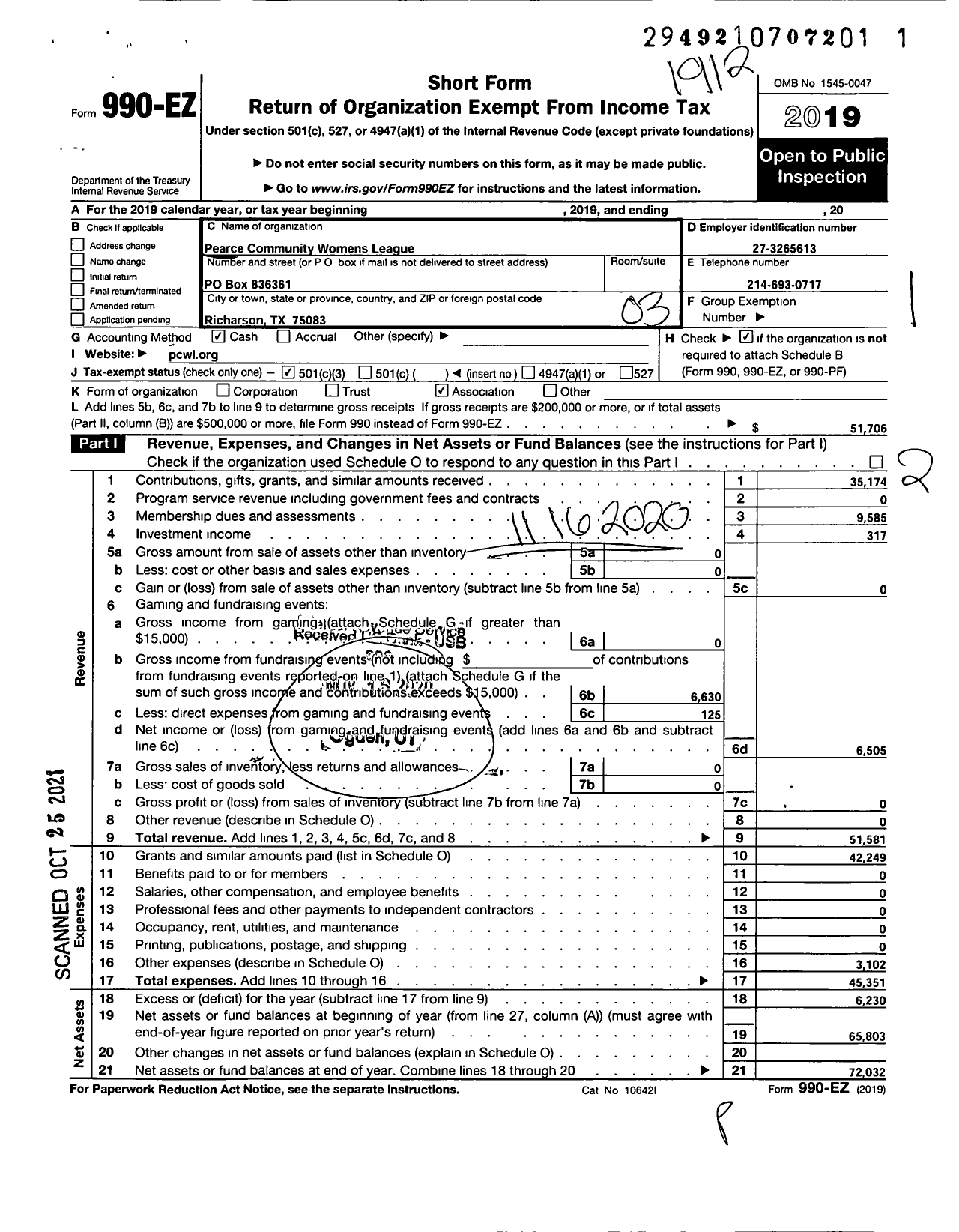 Image of first page of 2019 Form 990EZ for Pearce Community Womans Club