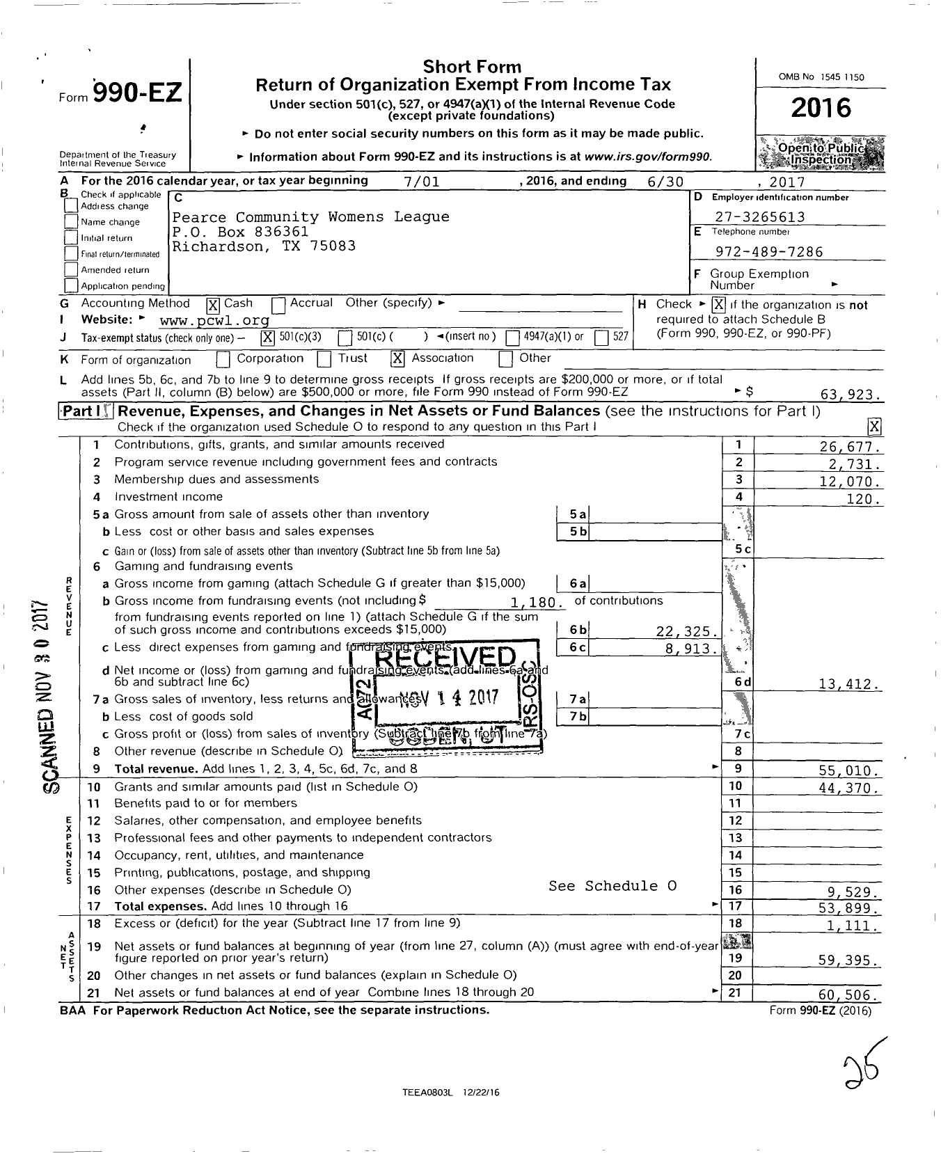 Image of first page of 2016 Form 990EZ for Pearce Community Womans Club