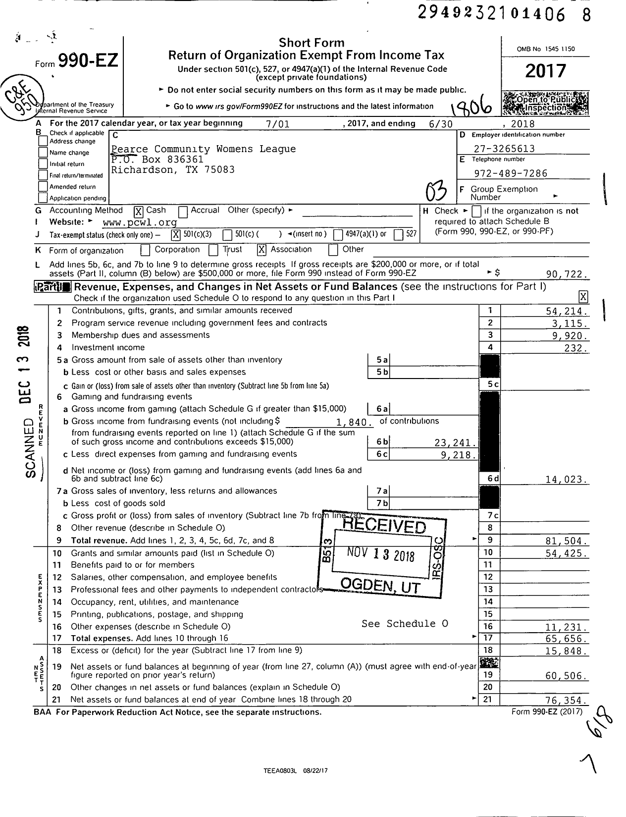 Image of first page of 2017 Form 990EZ for Pearce Community Womans Club