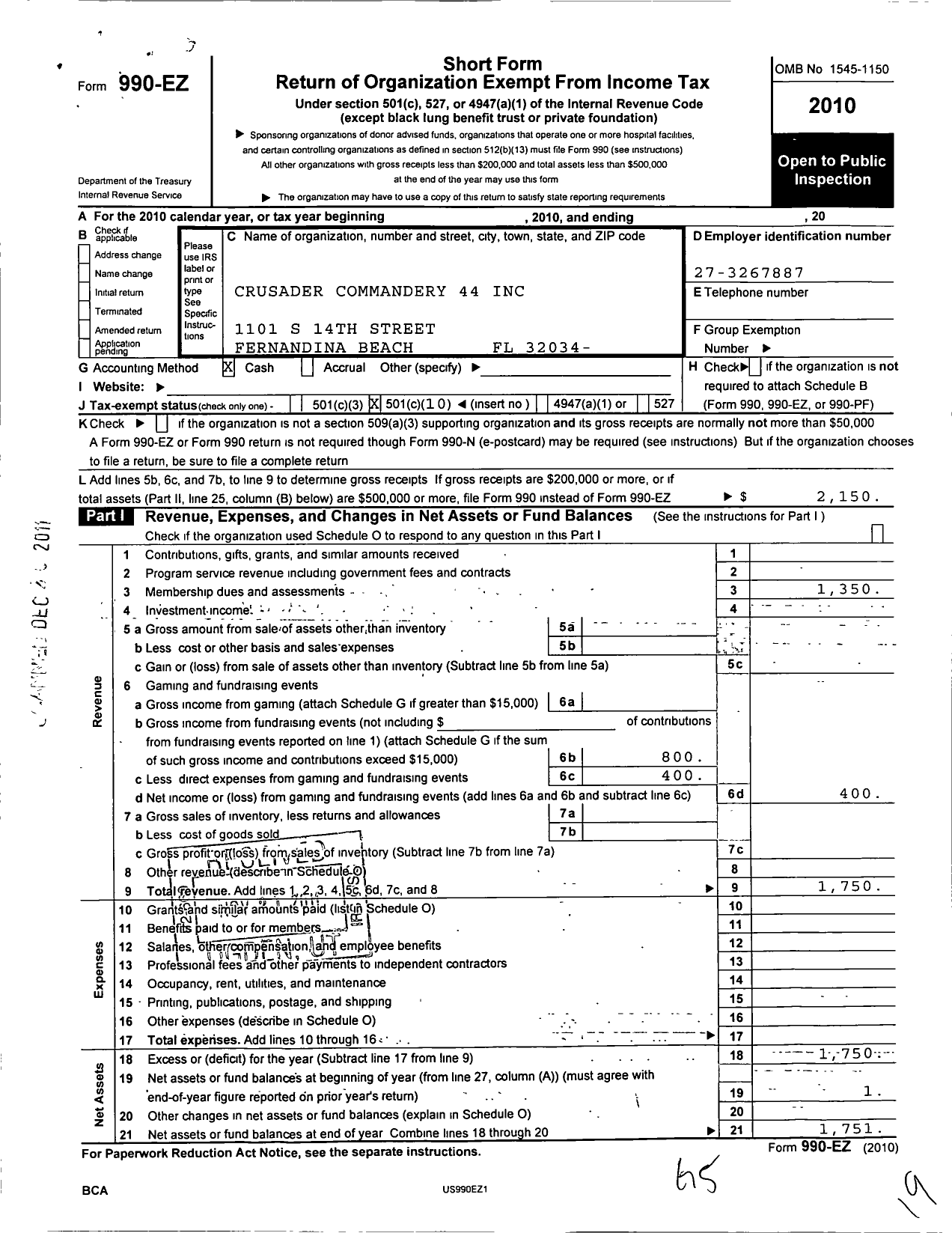 Image of first page of 2010 Form 990EO for Royal Arch Masons of Florida - 44 Crusader Commandery