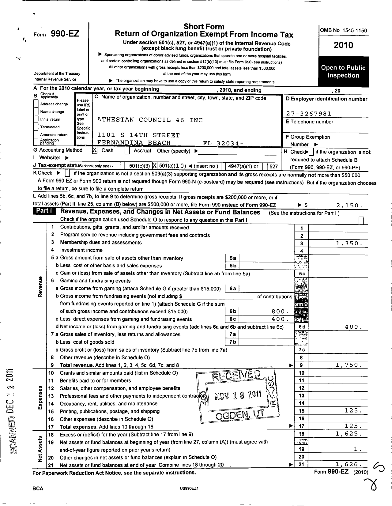 Image of first page of 2010 Form 990EO for Royal Arch Masons of Florida - 46 Athelstan Council