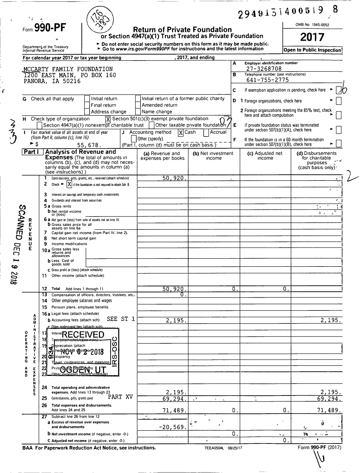 Image of first page of 2017 Form 990PF for Mccarty Family Foundation