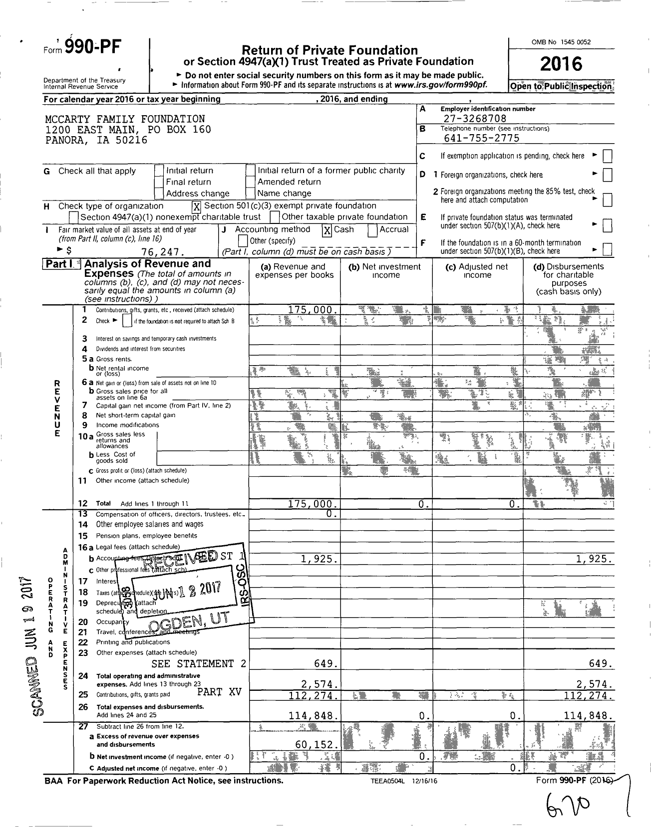 Image of first page of 2016 Form 990PF for Mccarty Family Foundation