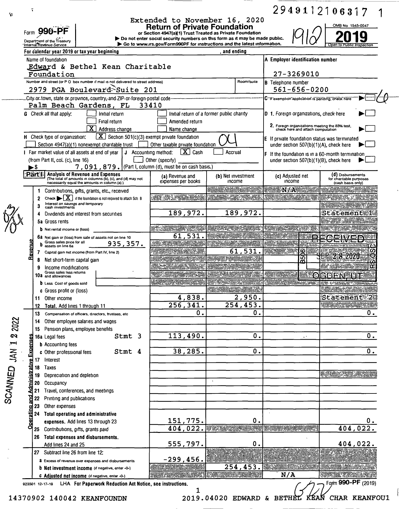 Image of first page of 2019 Form 990PF for Edward and Bethel Kean Charitable Foundation