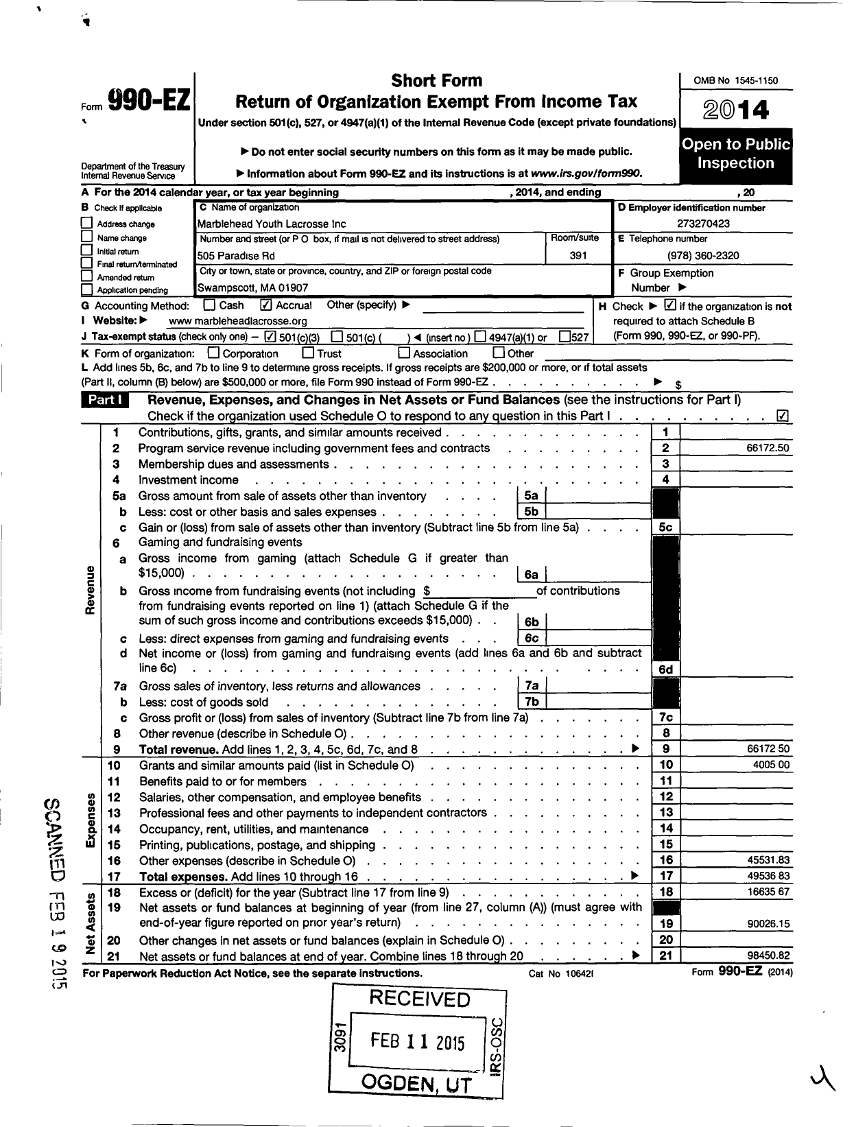 Image of first page of 2014 Form 990EZ for Marblehead Youth Lacrosse