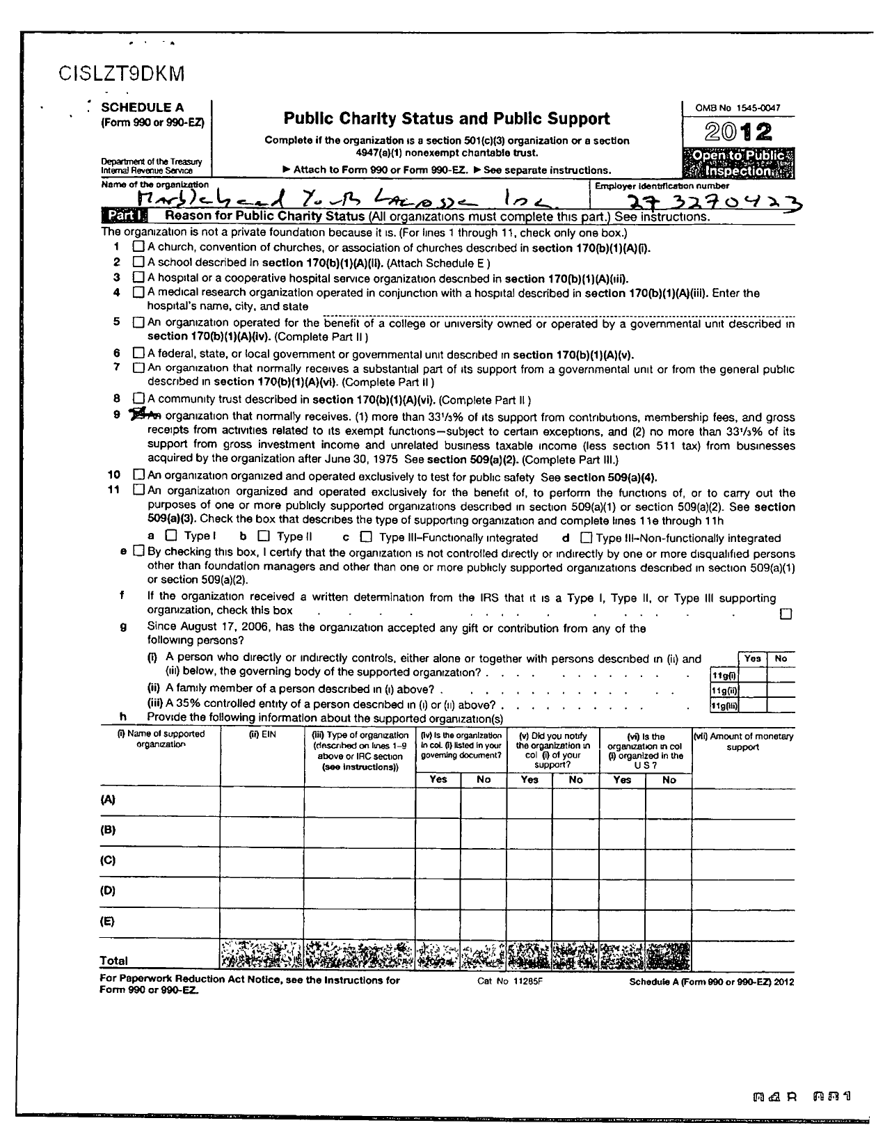 Image of first page of 2012 Form 990ER for Marblehead Youth Lacrosse