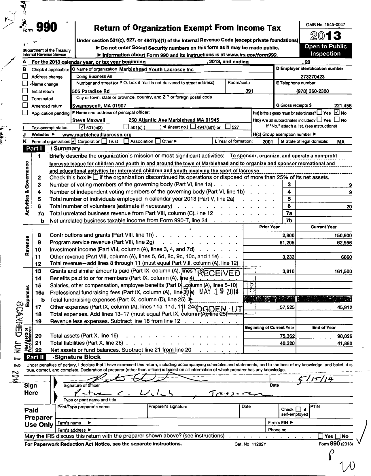 Image of first page of 2013 Form 990 for Marblehead Youth Lacrosse