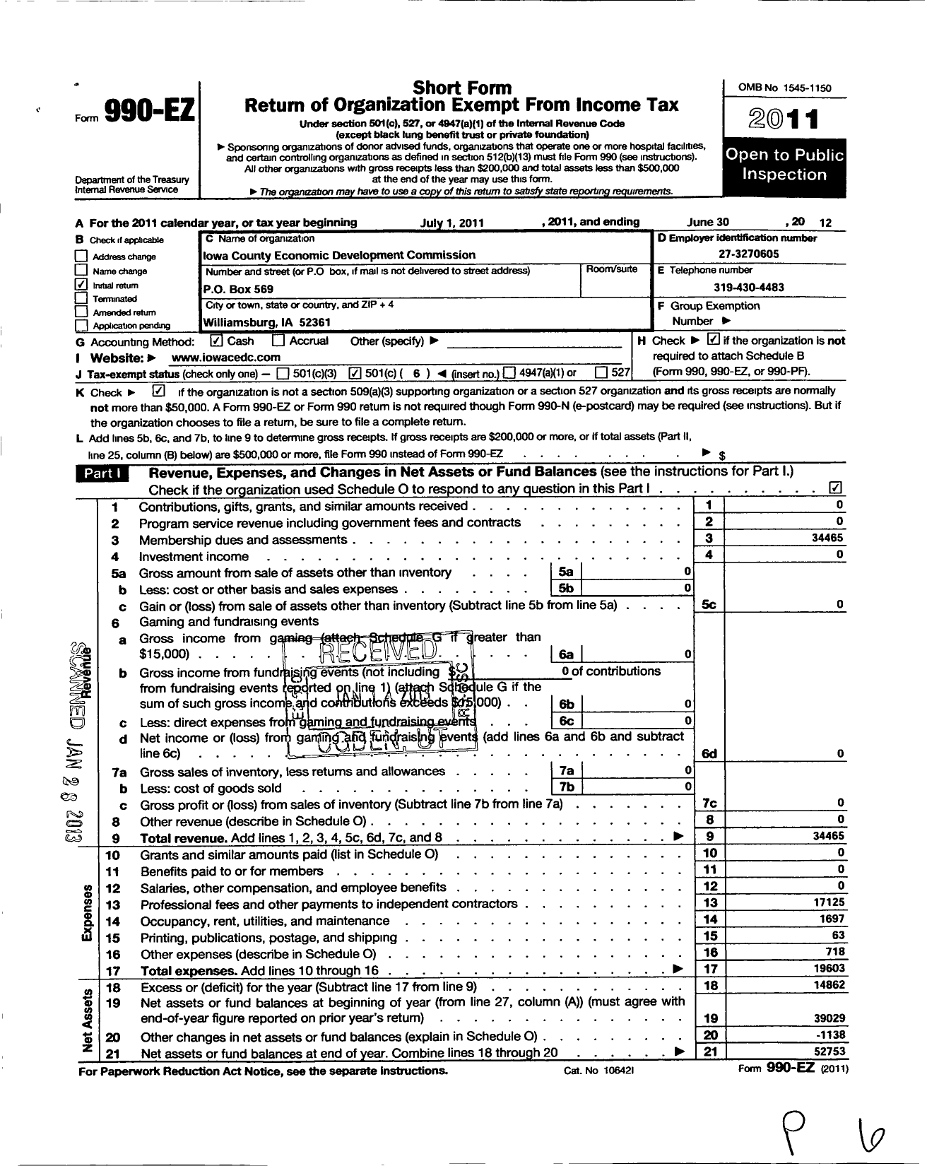 Image of first page of 2011 Form 990EO for Iowa County Economic Development