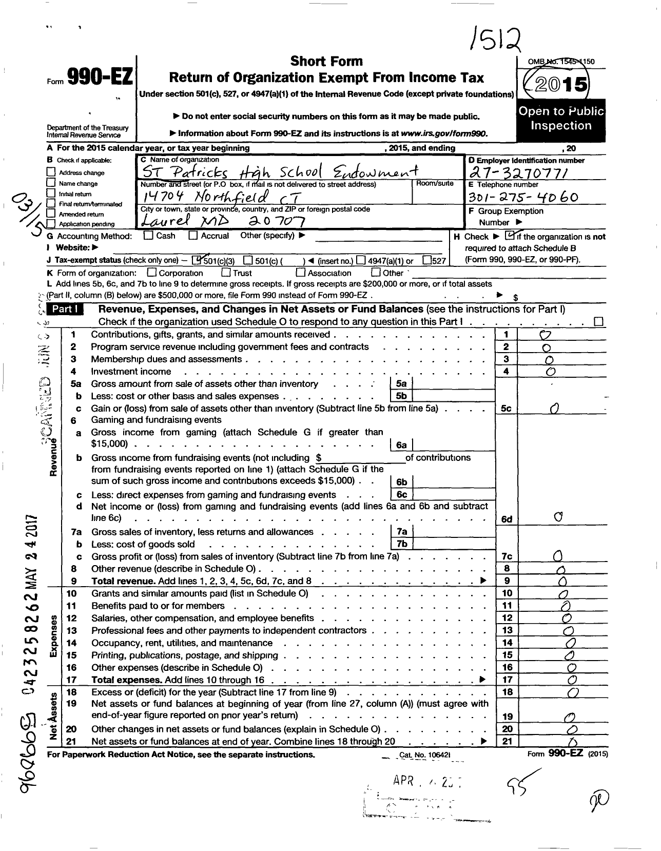 Image of first page of 2015 Form 990EZ for St Patricks High School Endowment Fund