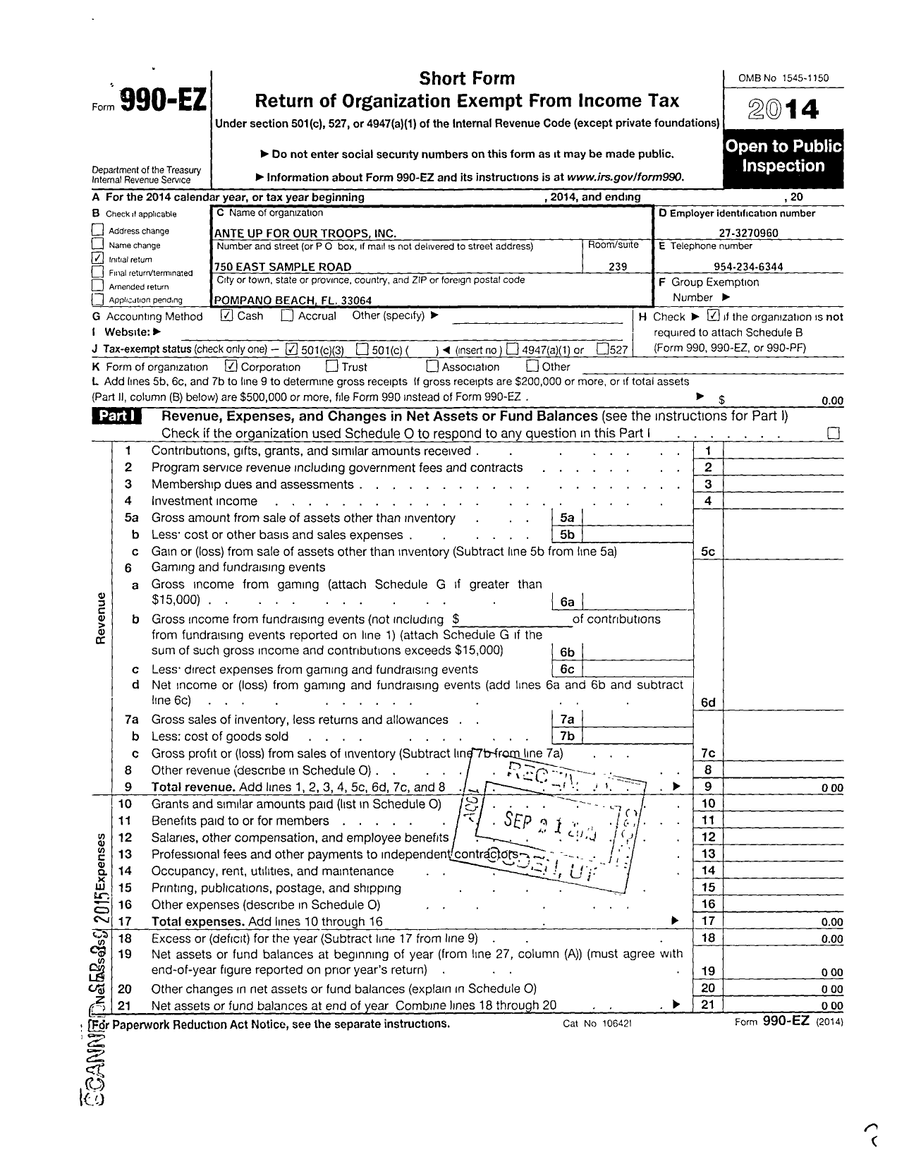 Image of first page of 2014 Form 990EZ for Ante Up for Our Troops