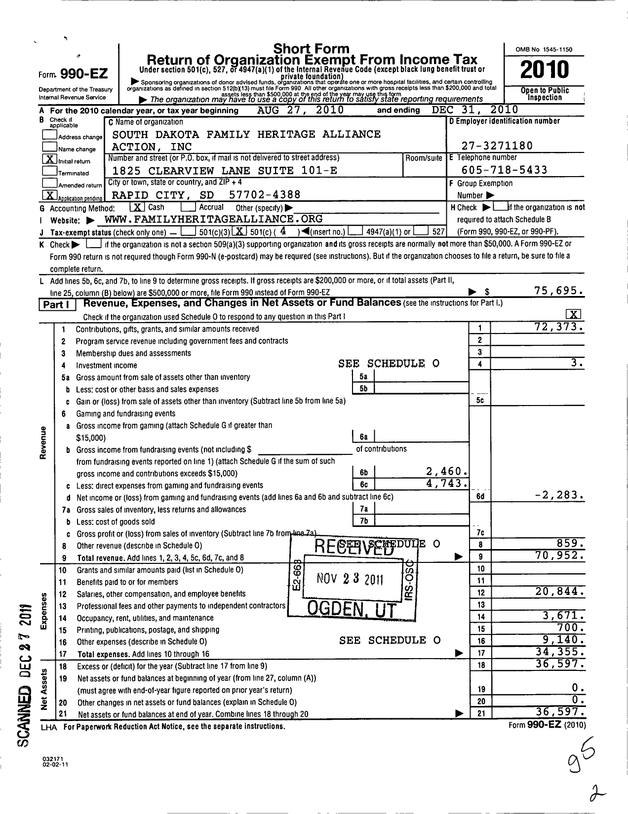 Image of first page of 2010 Form 990EO for South Dakota Family Heritage Alliance Action