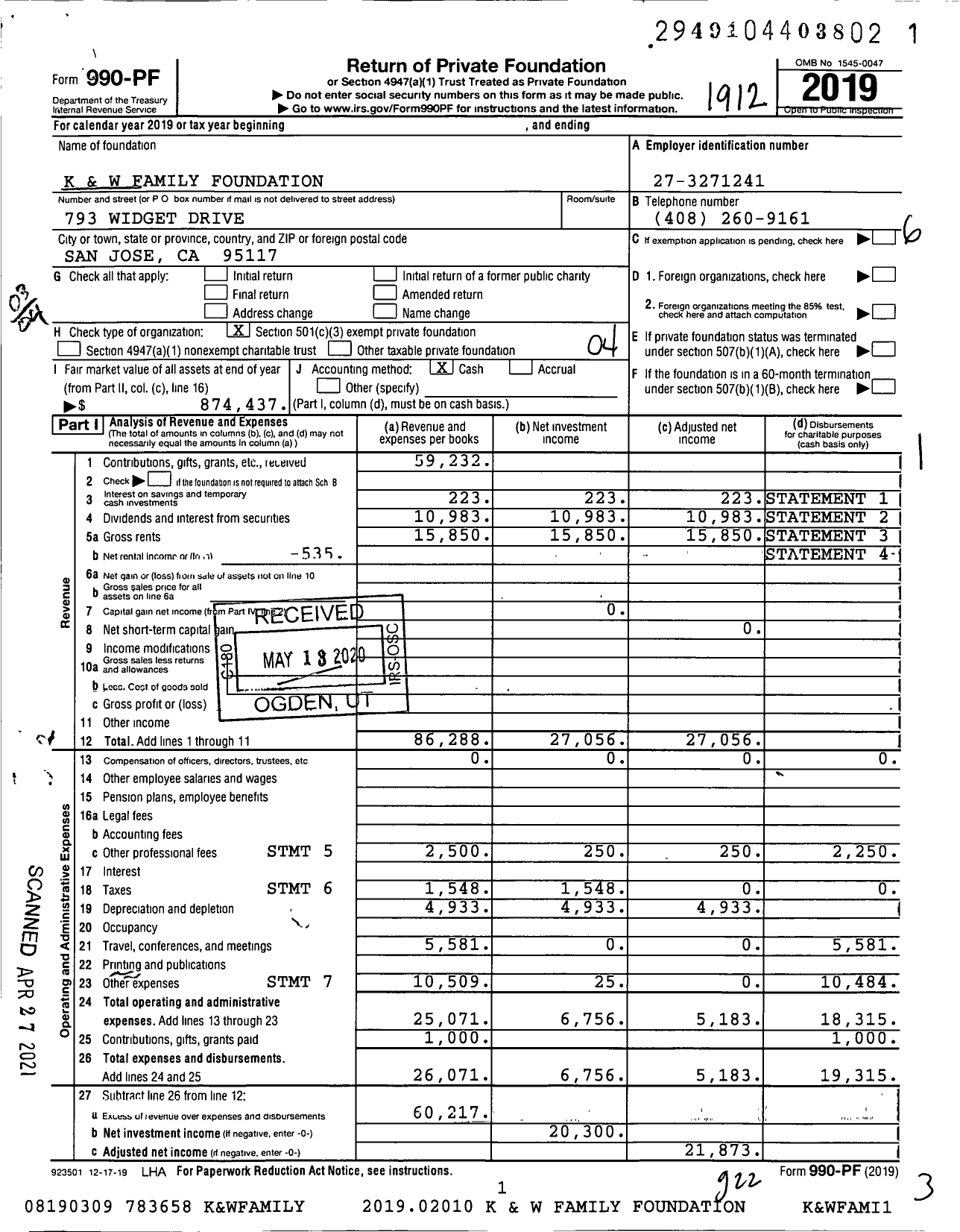 Image of first page of 2019 Form 990PF for K and W Family Foundation