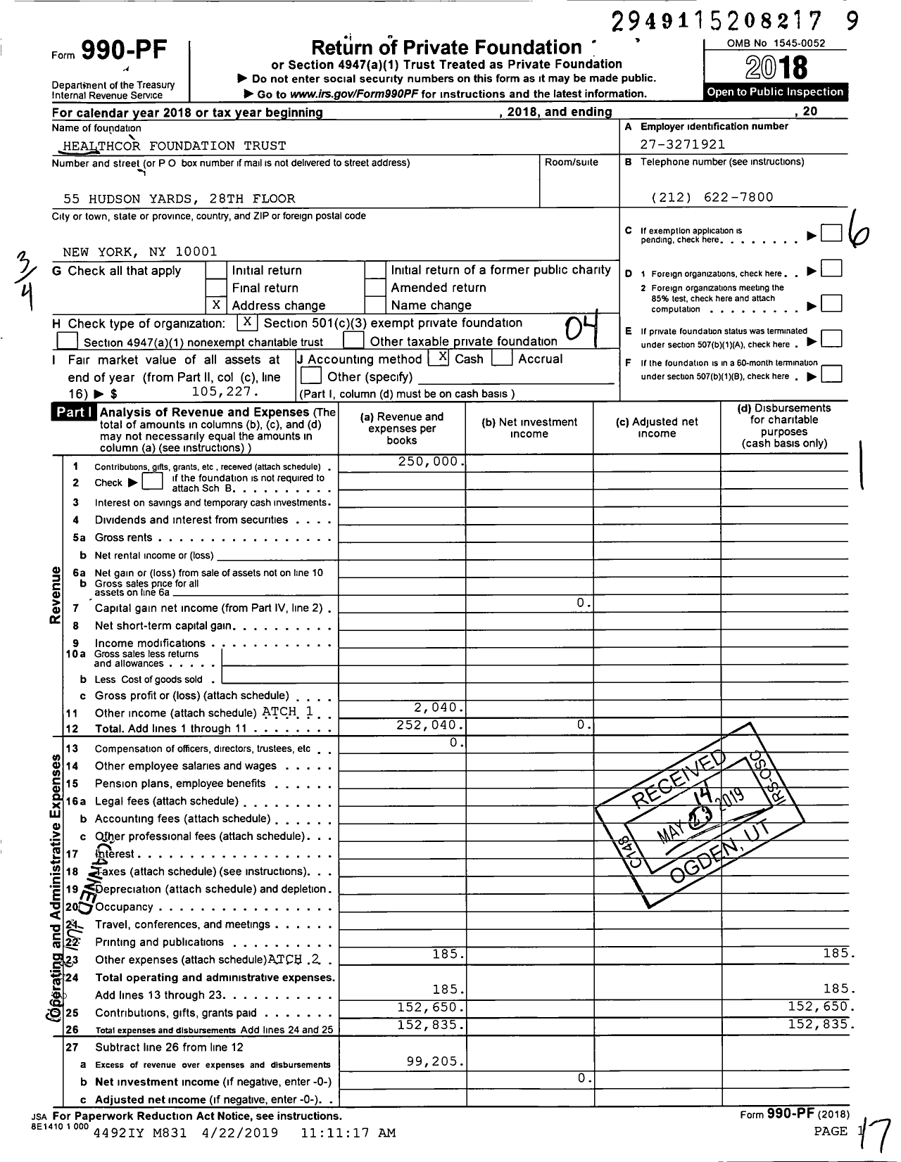 Image of first page of 2018 Form 990PF for Healthcor Foundation Trust