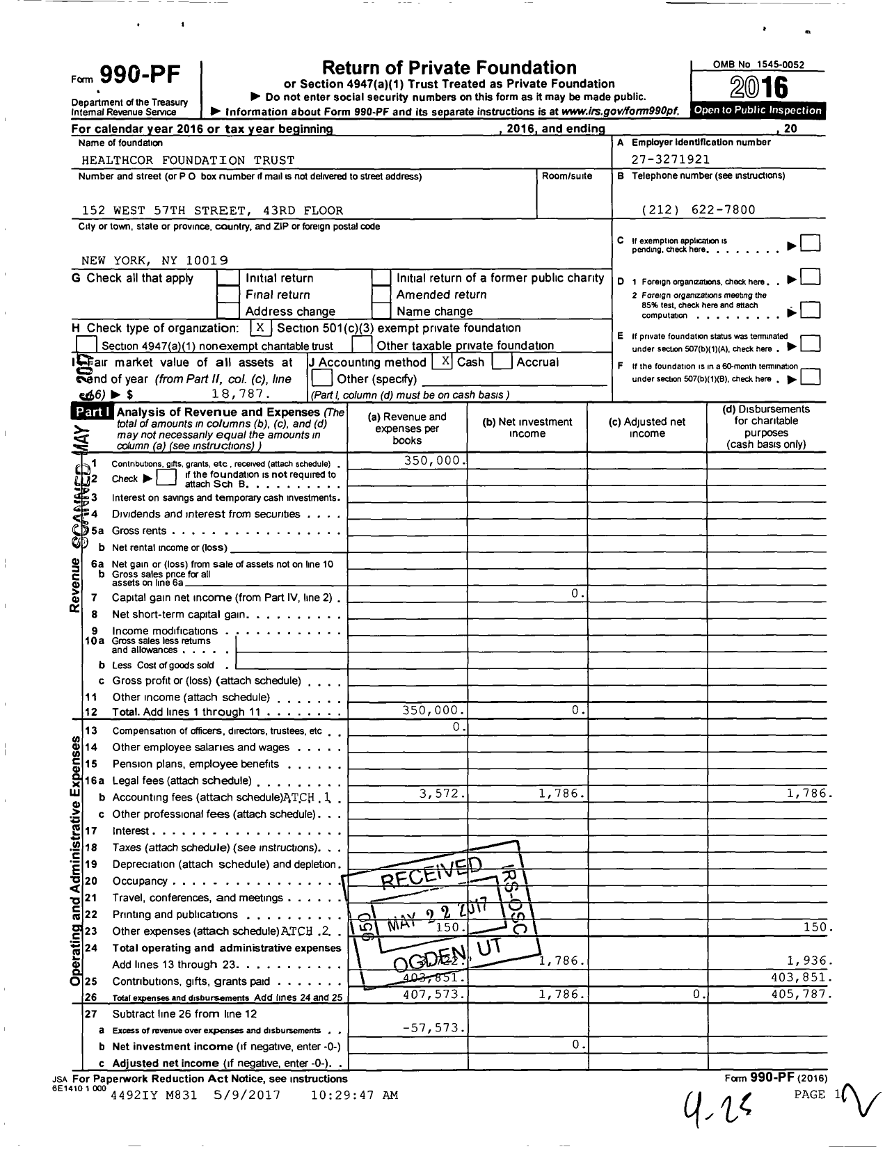 Image of first page of 2016 Form 990PF for Healthcor Foundation Trust