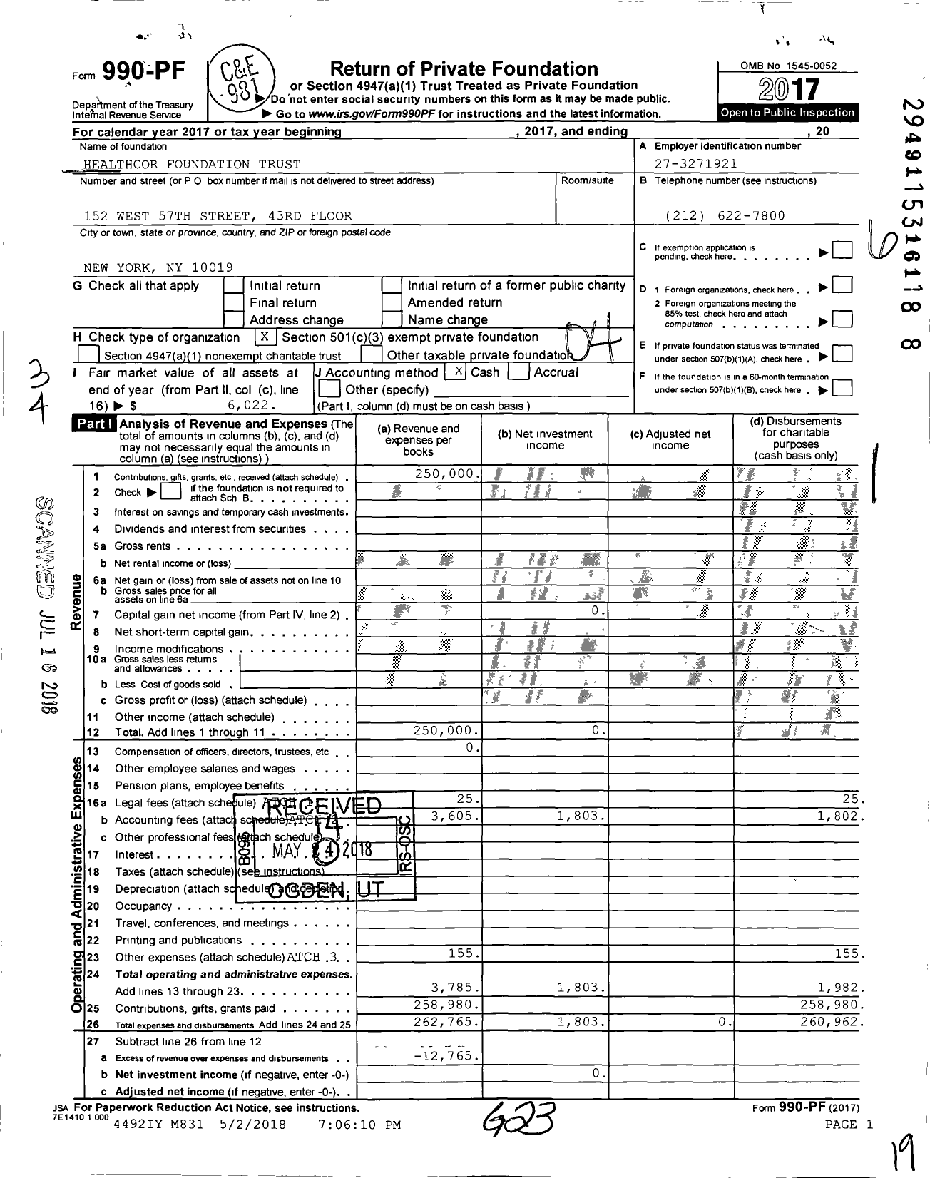 Image of first page of 2017 Form 990PF for Healthcor Foundation Trust