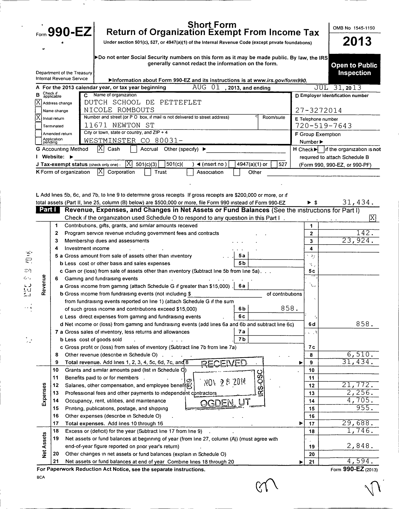 Image of first page of 2012 Form 990EZ for Dutch School de Petteflet