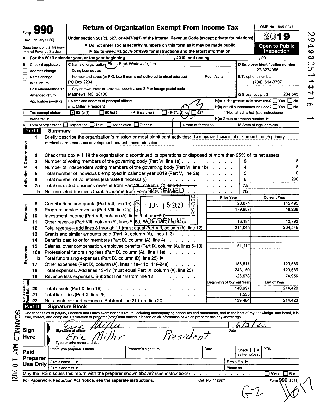 Image of first page of 2019 Form 990 for Bless Back Worldwide
