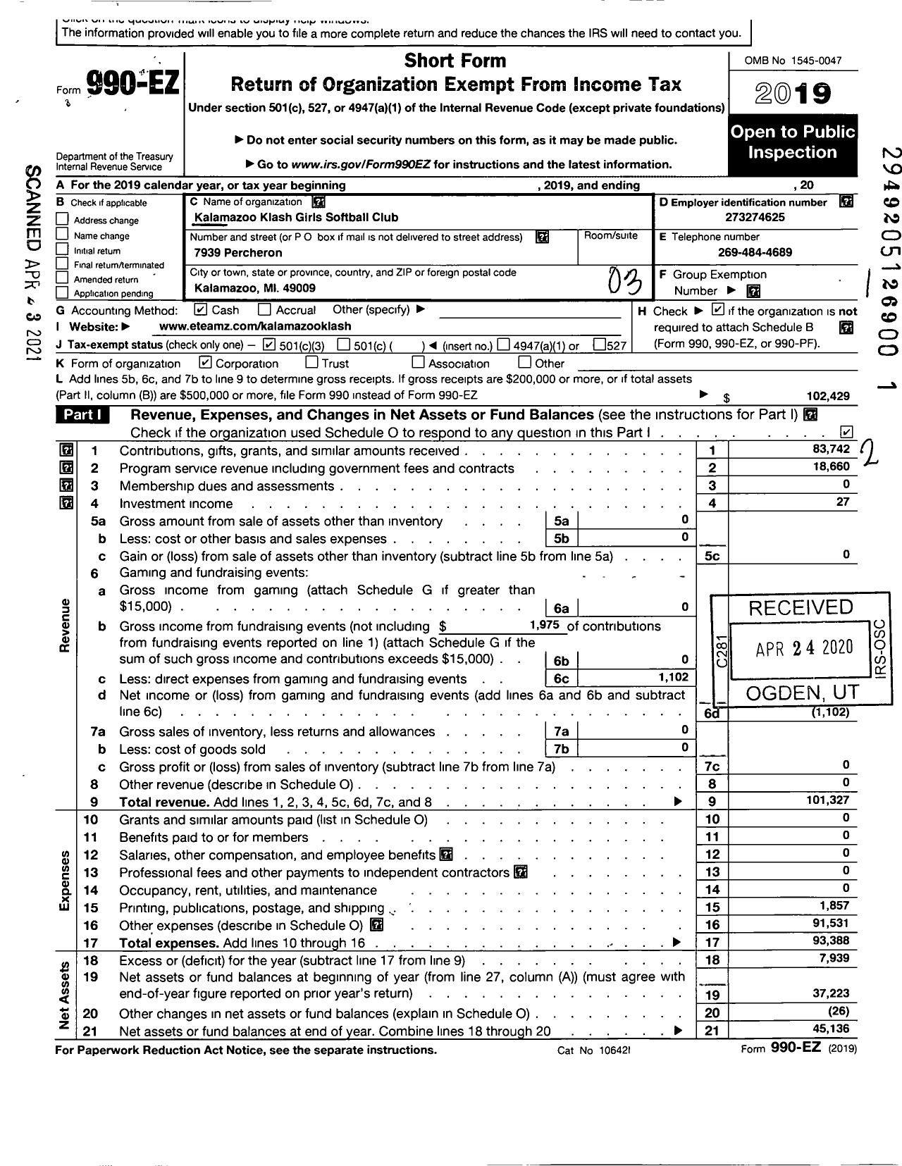 Image of first page of 2019 Form 990EZ for Kalamazoo Klash Girls Softball Club