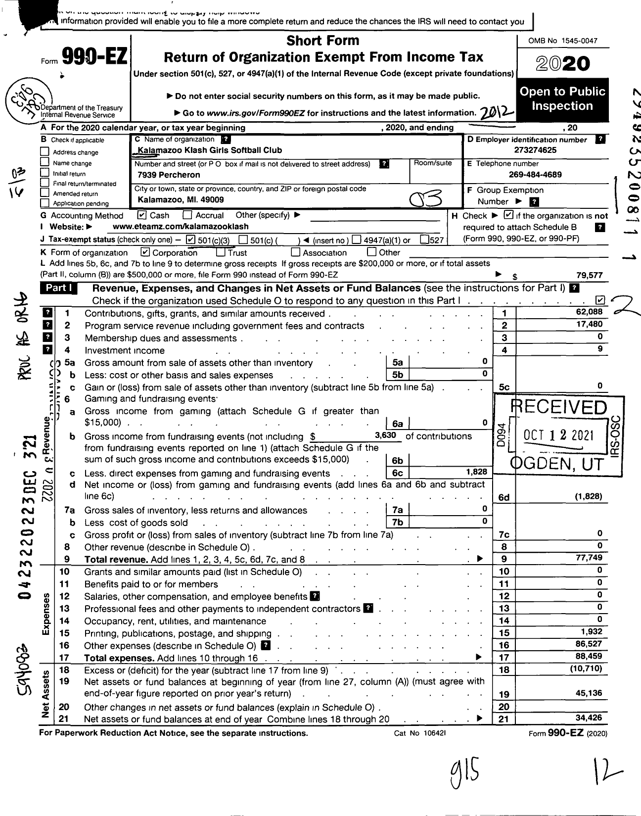 Image of first page of 2020 Form 990EZ for Kalamazoo Klash Girls Softball Club