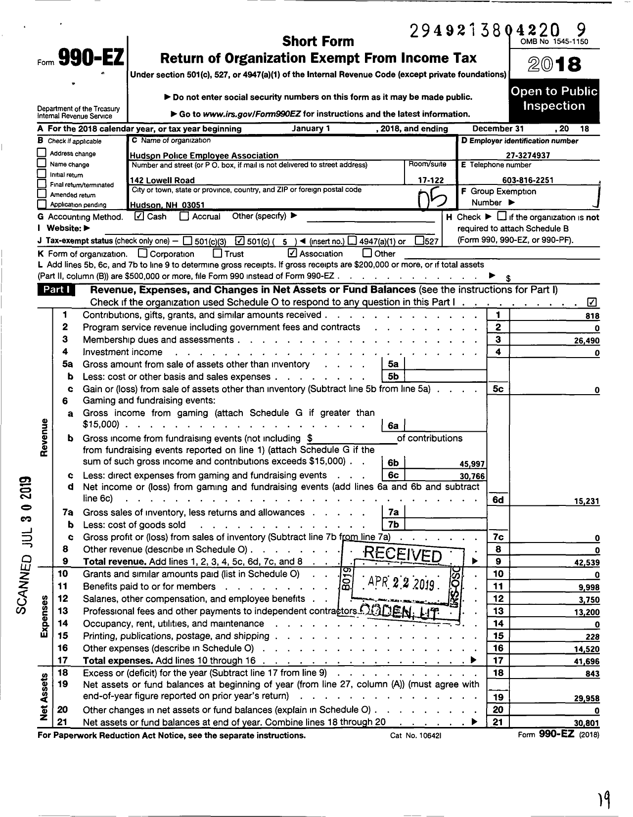 Image of first page of 2018 Form 990EO for Hudson Police Employee Association