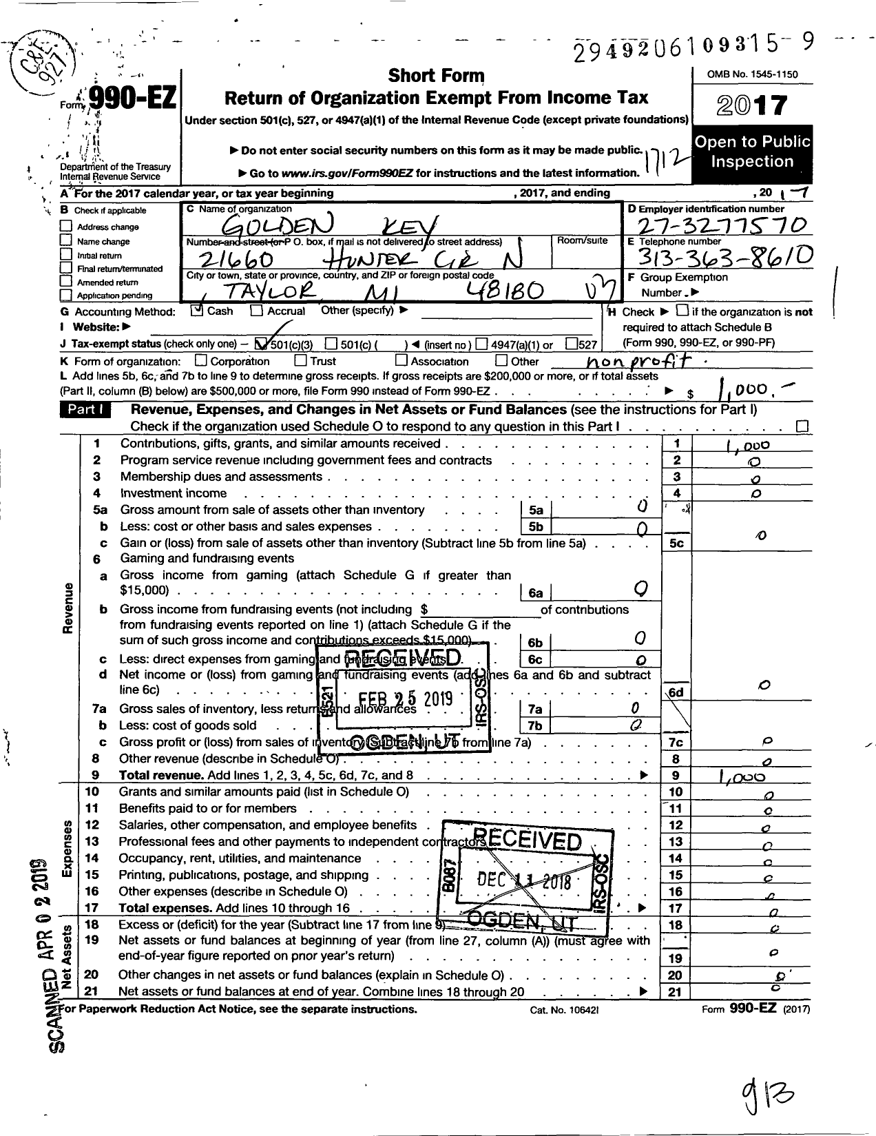 Image of first page of 2017 Form 990EZ for Golden Key